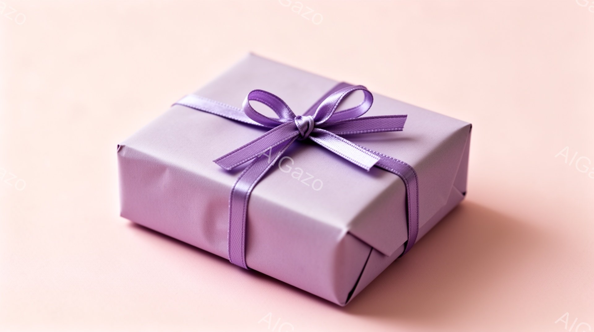 淡い紫色の包装紙で丁寧に包まれたプレゼントが、薄いピンク色の背景に置かれています。紫色のリボンが美しく結ばれ、プレゼントの四方を囲んでいます。全体的に柔らかく、優しい雰囲気で、誕生日や記念日などの特別な日の贈り物として想像されます。