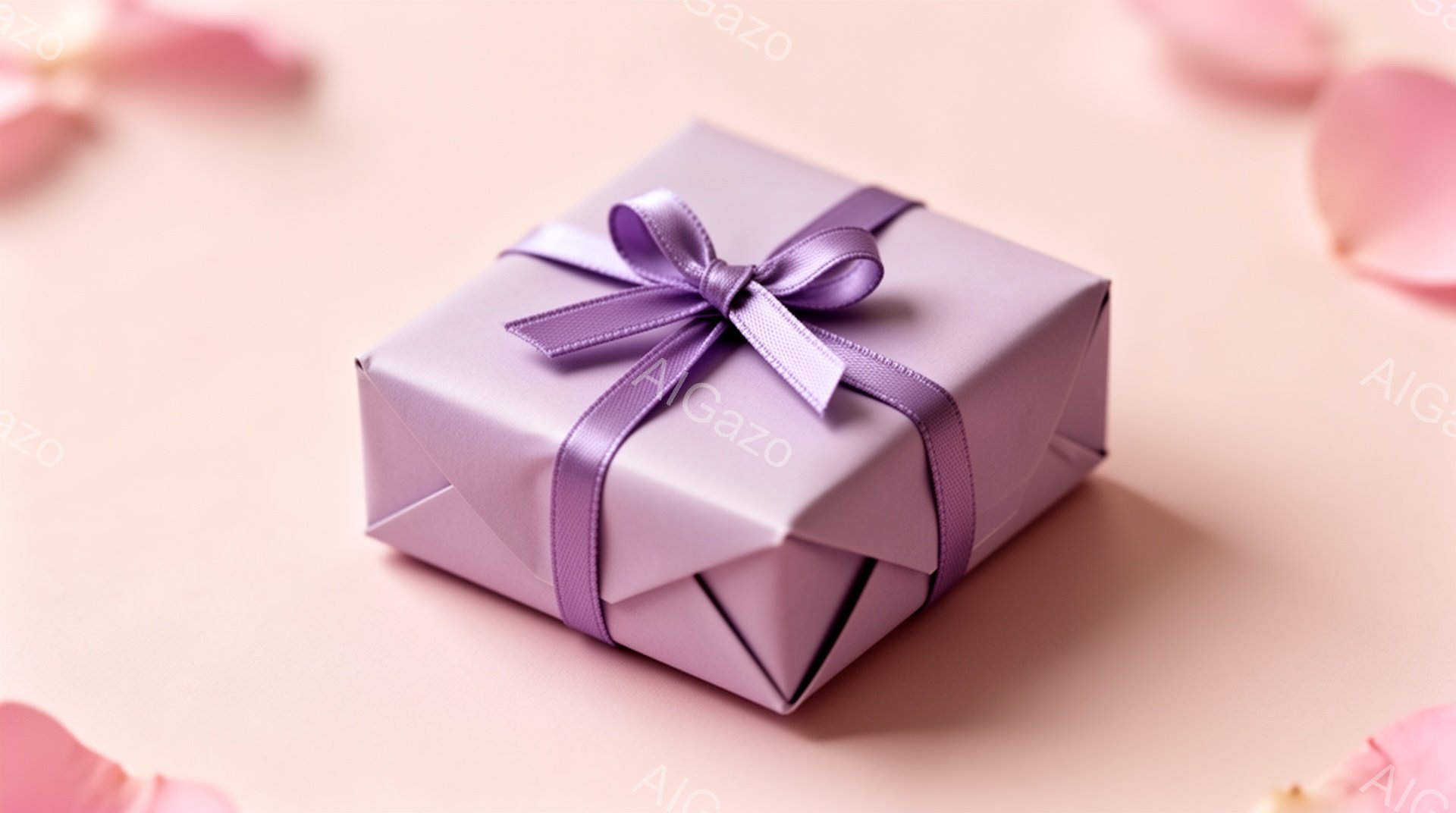 淡いピンク色の背景に、ラベンダー色のギフトボックスが置かれています。ギフトボックスは丁寧にラッピングされており、紫のリボンが可愛らしい蝶結びになっています。周囲には薄いピンク色の花びらが散りばめられ、優雅でロマンチックな雰囲気を醸し出しています。