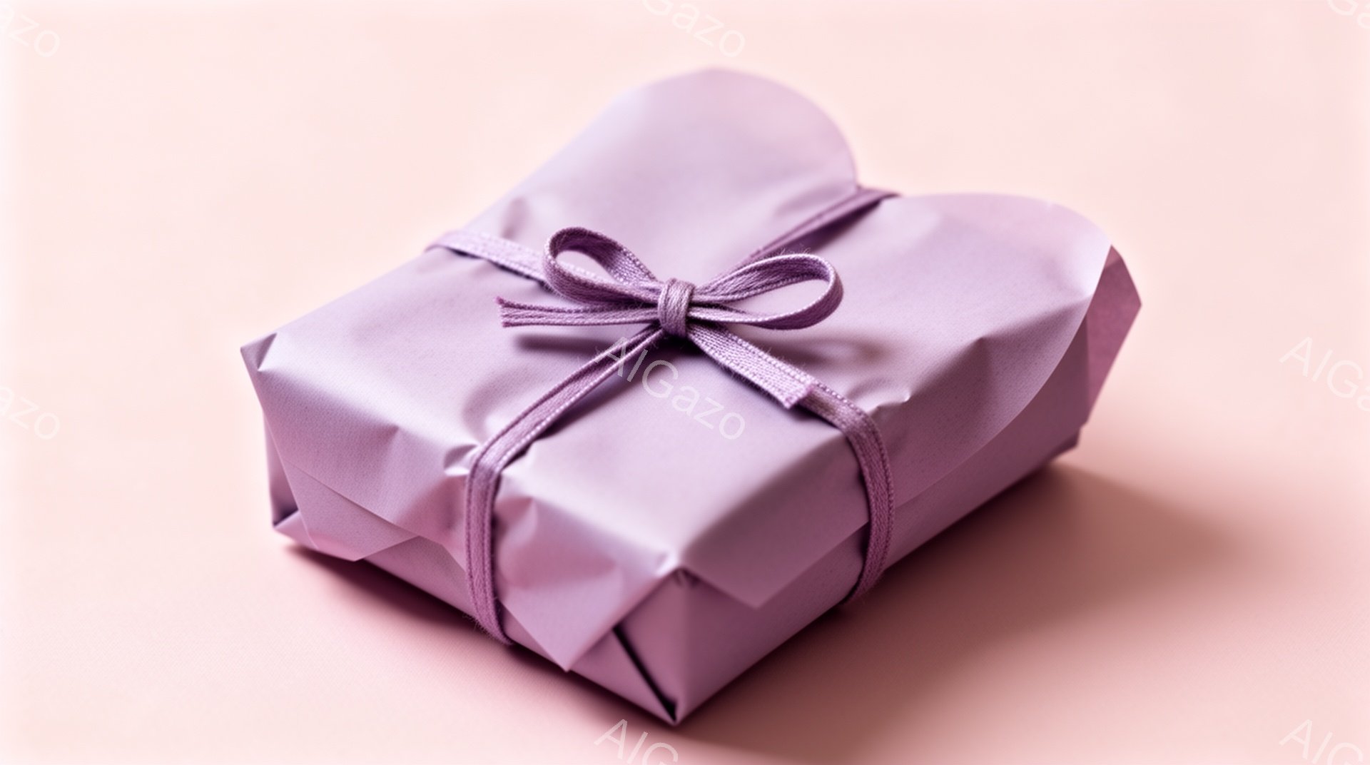 薄紫色の包装紙で丁寧に包まれたプレゼントが、淡いピンク色の背景の上に置かれています。プレゼントは長方形で、紫色のリボンが上品に結ばれており、光沢のある包装紙が目に留まります。全体的に柔らかい色合いで、優雅で落ち着いた雰囲気が漂っています。