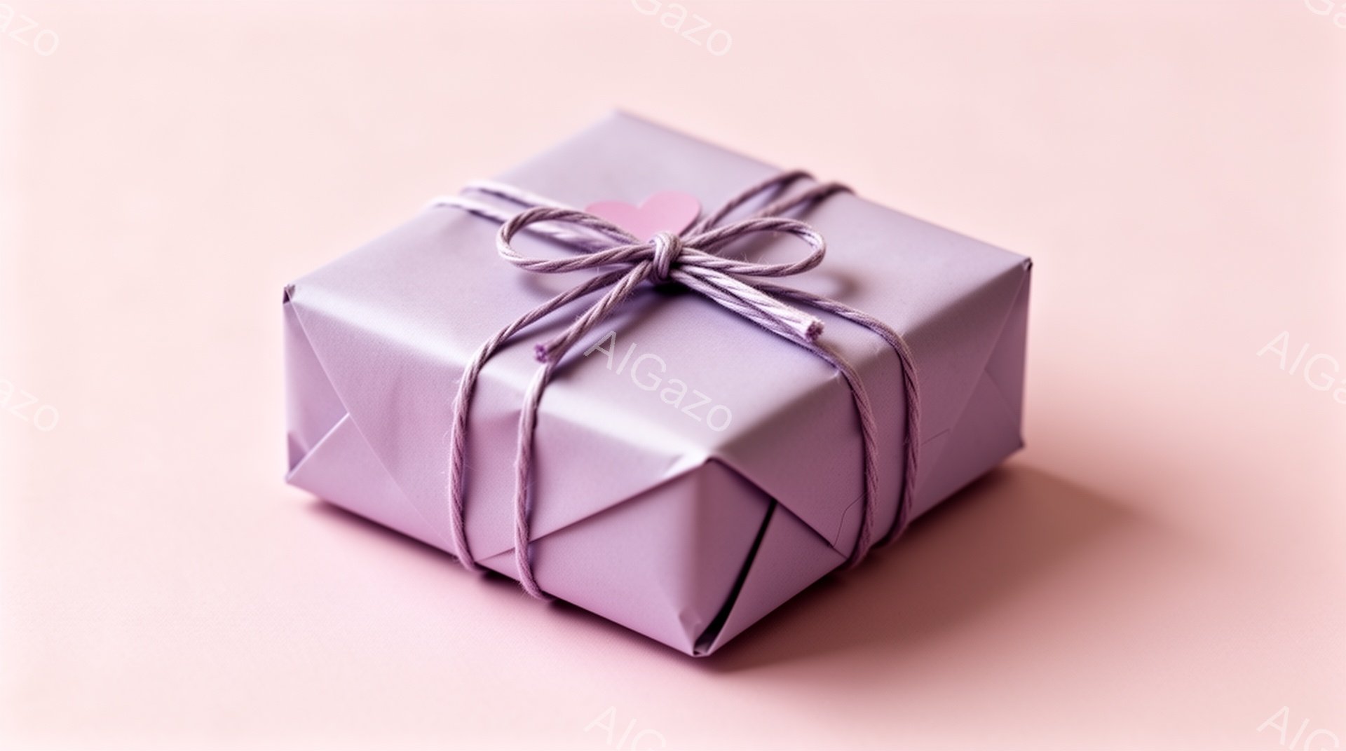 薄紫色の包装紙で丁寧に包まれたプレゼントが、明るいピンク色の背景の上に置かれています。プレゼントには、同色のリボンが巻かれ、小さなハート型の飾りが付いています。全体的に柔らかい色合いで、優しく可愛らしい雰囲気が漂っています。