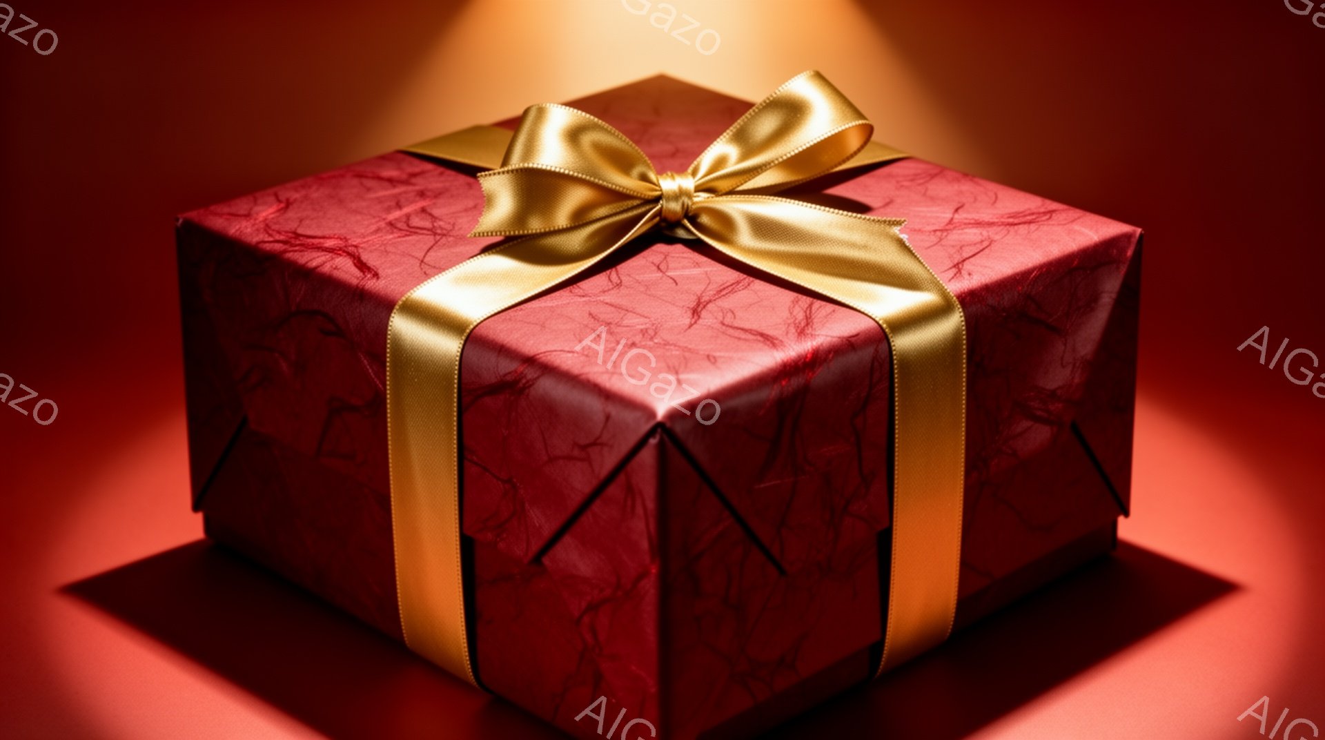 深紅色の包装紙で丁寧に包まれたギフトボックスが中央に配置されています。金色のリボンが箱の周りを結び、上部には大きなリボン結びが飾られています。背景は同じ深紅色で、スポットライトのような光が箱を照らし、高級感と神秘的な雰囲気を醸し出しています。
