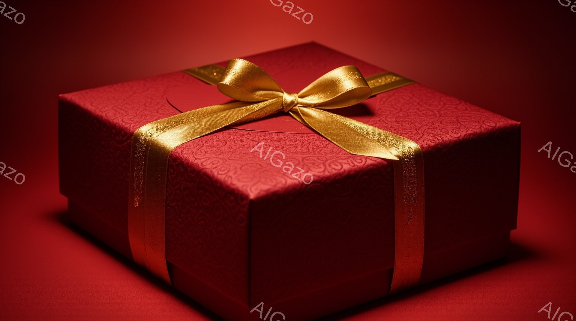 深紅色のギフトボックスが、赤い背景の上に置かれています。箱全体に繊細な模様が施され、金色のリボンで丁寧に結ばれています。光の当たり方から、上品で高級感のある雰囲気が伝わってきます。