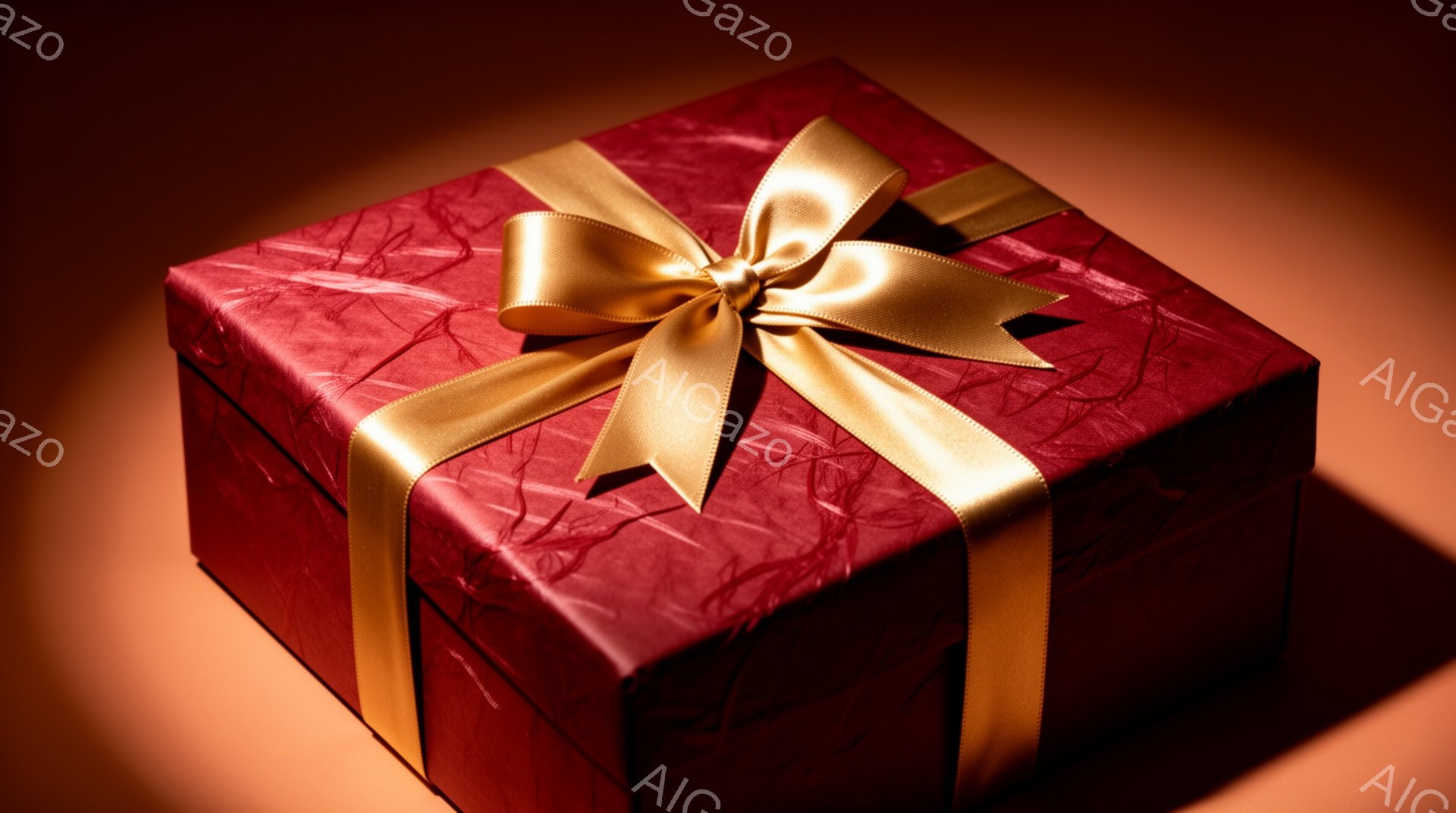 深紅色のギフトボックスが、金色のリボンで上品にラッピングされています。箱の表面には、繊細な模様が施されており、光沢のある質感が見られます。背景は暖色系のグラデーションで、ギフトボックスを際立たせており、高級感と神秘的な雰囲気を醸し出しています。