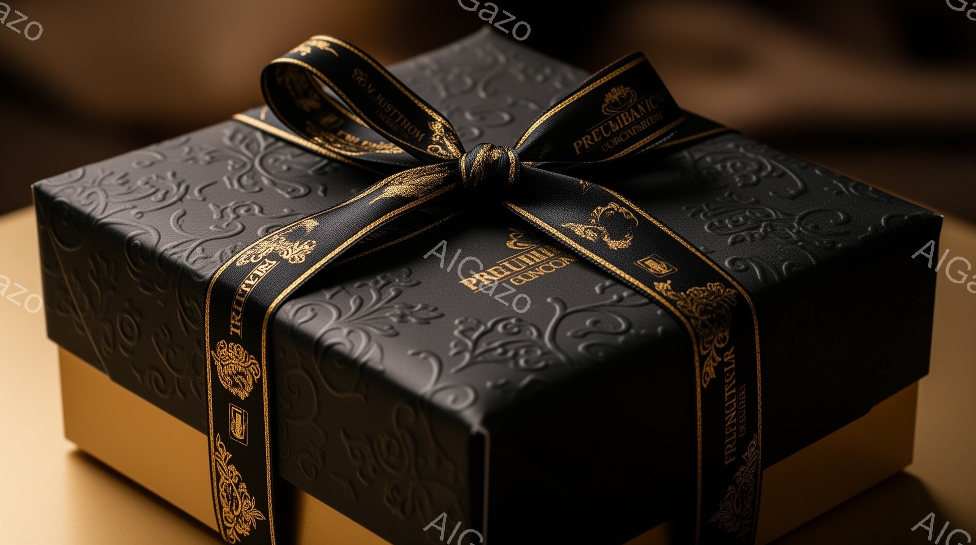 深い黒色のギフトボックスが、金色のリボンで丁寧にラッピングされています。ボックス全体には、繊細な模様が浮き彫りになっており、高級感と洗練された雰囲気を醸し出しています。背景は暗く、ボックスが際立っており、特別な贈り物や高級チョコレートを連想させます。