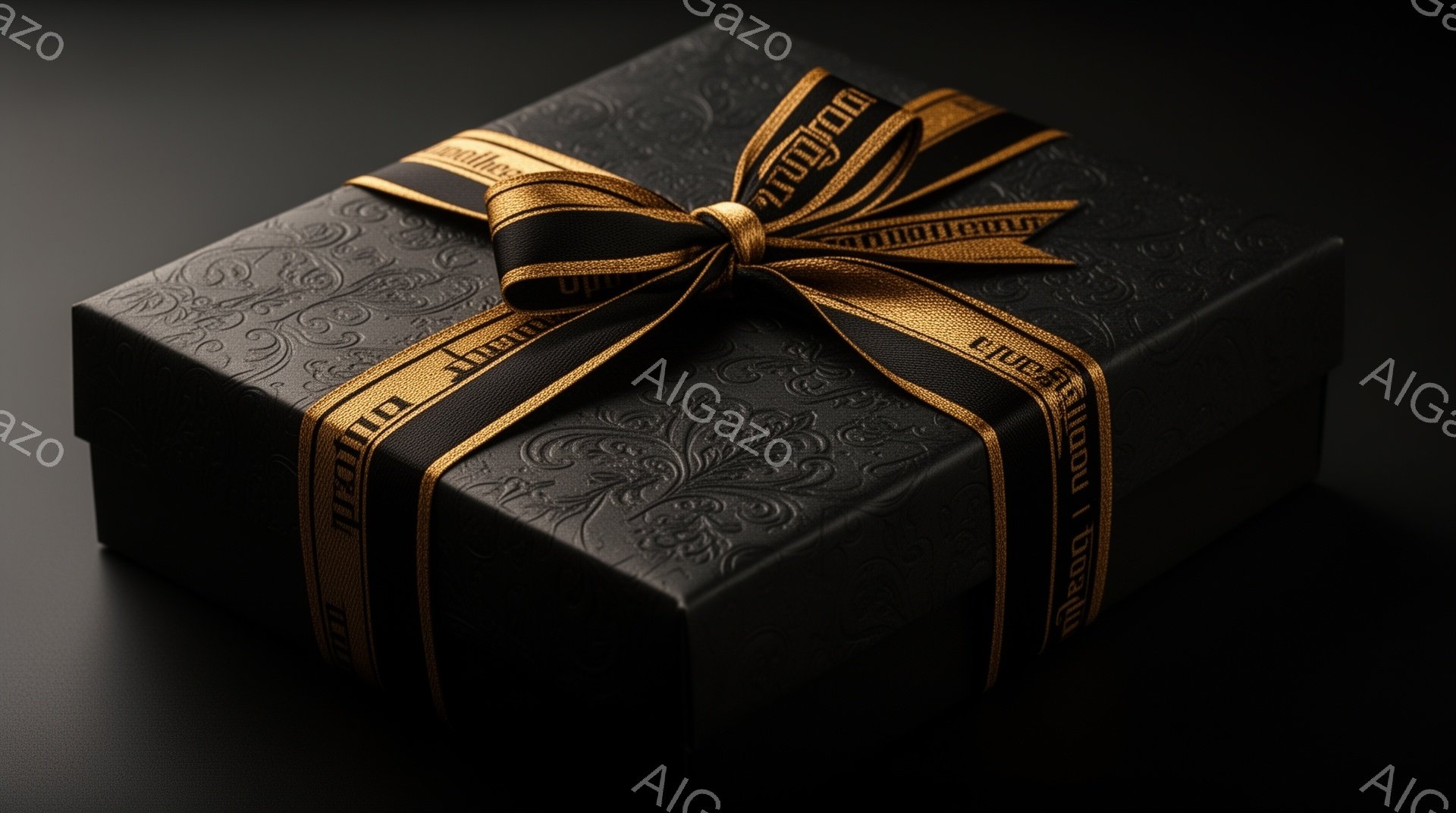 黒色のギフトボックスが写っており、複雑な模様がエンボス加工されています。リボンは深い茶色で、箱に丁寧に結ばれています。暗い背景とライティングにより、高級感と神秘的な雰囲気が強調されています。