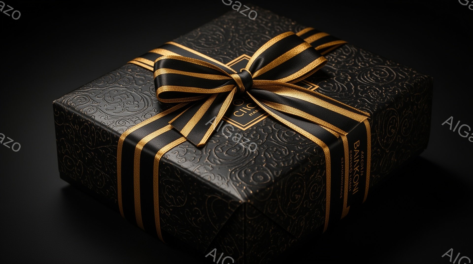 漆黒の背景に、豪華な黒いギフトボックスが浮かび上がっています。ボックス全体には精緻な模様が施され、サテンリボンが上品に結ばれています。リボン中央には金色で「CIRO」という文字が書かれたタグがあり、高級感と神秘的な雰囲気を醸し出しています。