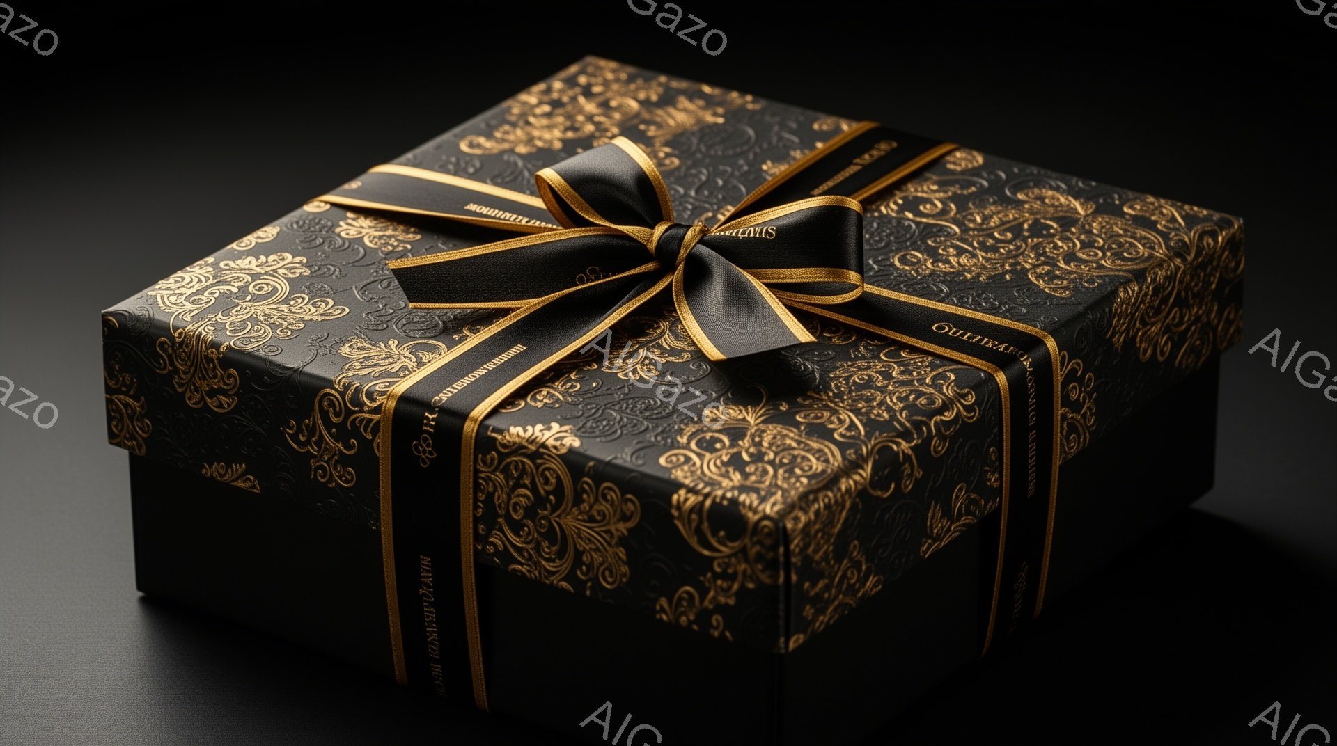 漆黒のギフトボックスが、金色の模様とリボンで美しく飾られています。箱全体に施された繊細な模様は、豪華さと優雅さを感じさせ、特別な贈り物であることを示唆しています。背景は暗く、箱の輝きを際立たせ、神秘的な雰囲気を醸し出しています。