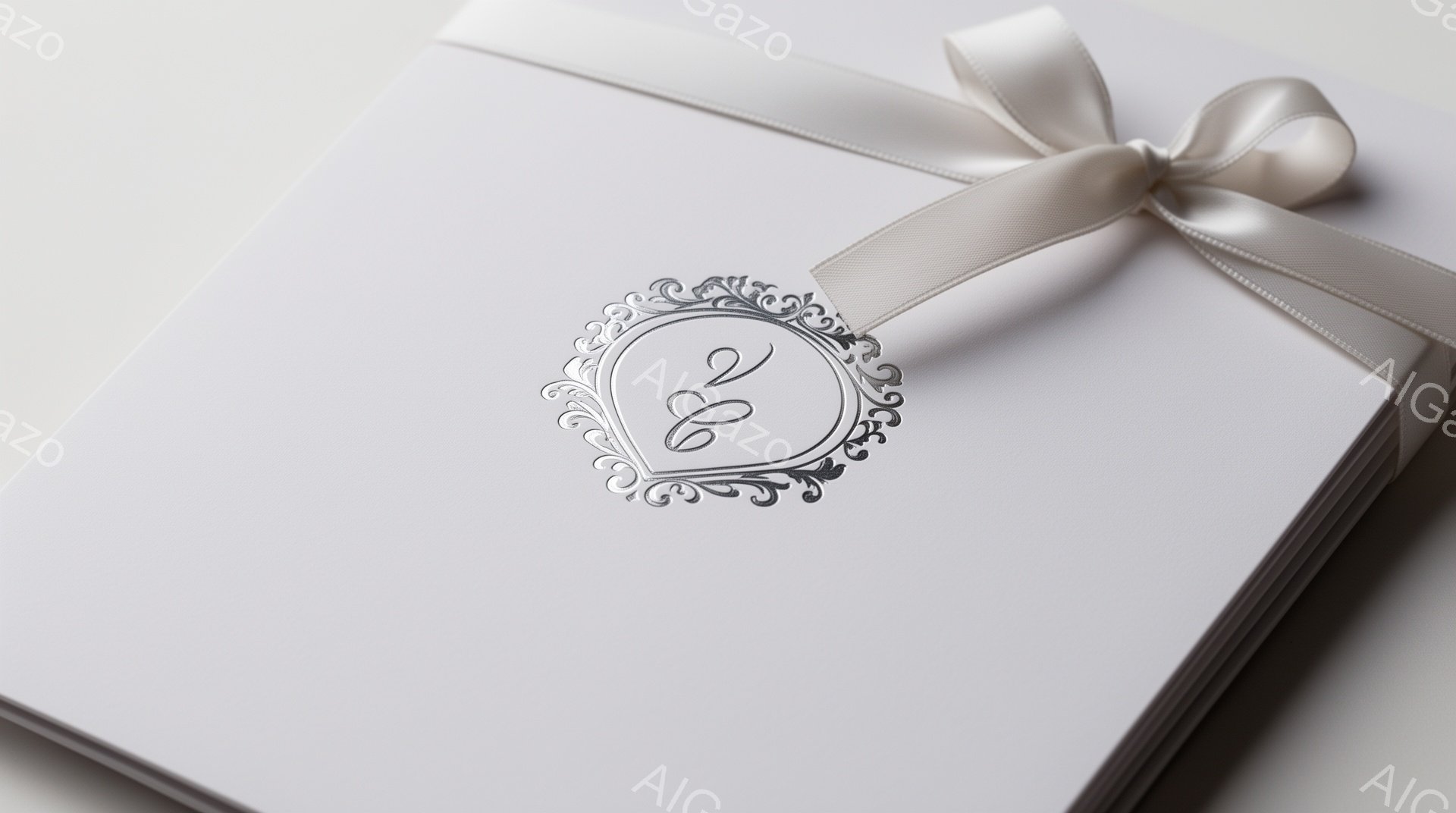 白い封筒が積み重ねられ、銀色の装飾が施されたロゴマークが中央に箔押しされています。ロゴは繊細な曲線で構成され、優雅さと洗練された印象を与えます。白いリボンが封筒に結ばれ、全体的に上品でフォーマルな雰囲気を醸し出しています。