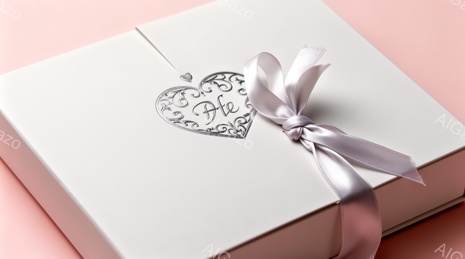 白いギフトボックスが、薄いピンク色の背景の上に置かれています。ボックスには、「He」と書かれた装飾的なデザインがエンボス加工されており、明るいグレーのリボンが上品に結ばれています。全体的に柔らかくロマ - AI生成フリー素材