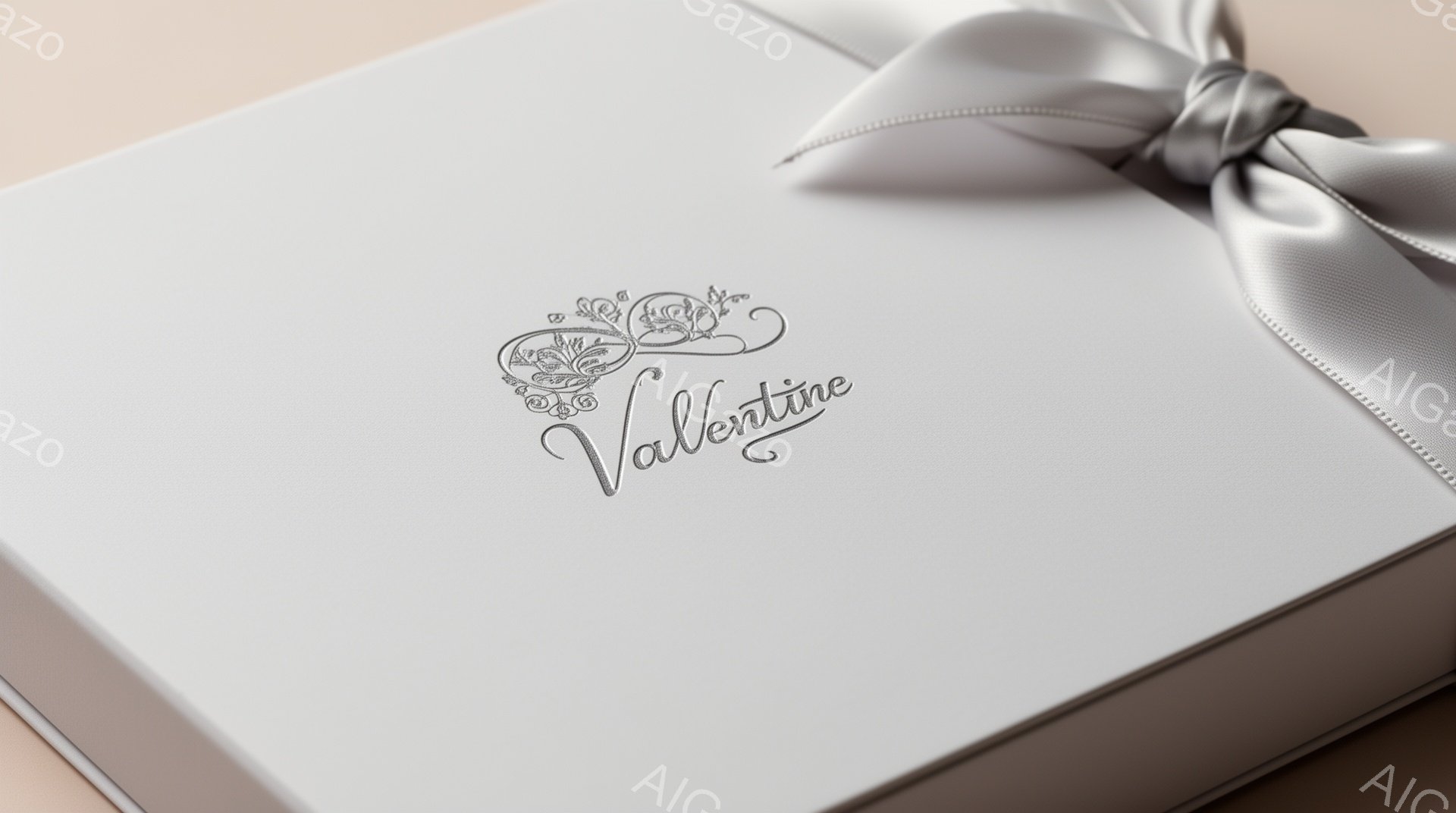 白いギフトボックスが写っており、上品なリボンが結ばれています。ボックスの上には、カリグラフィー調の「Valentine」という文字が金色の装飾で描かれています。全体的に淡い色調で、優雅でロマンチックな雰囲気を醸し出しています。