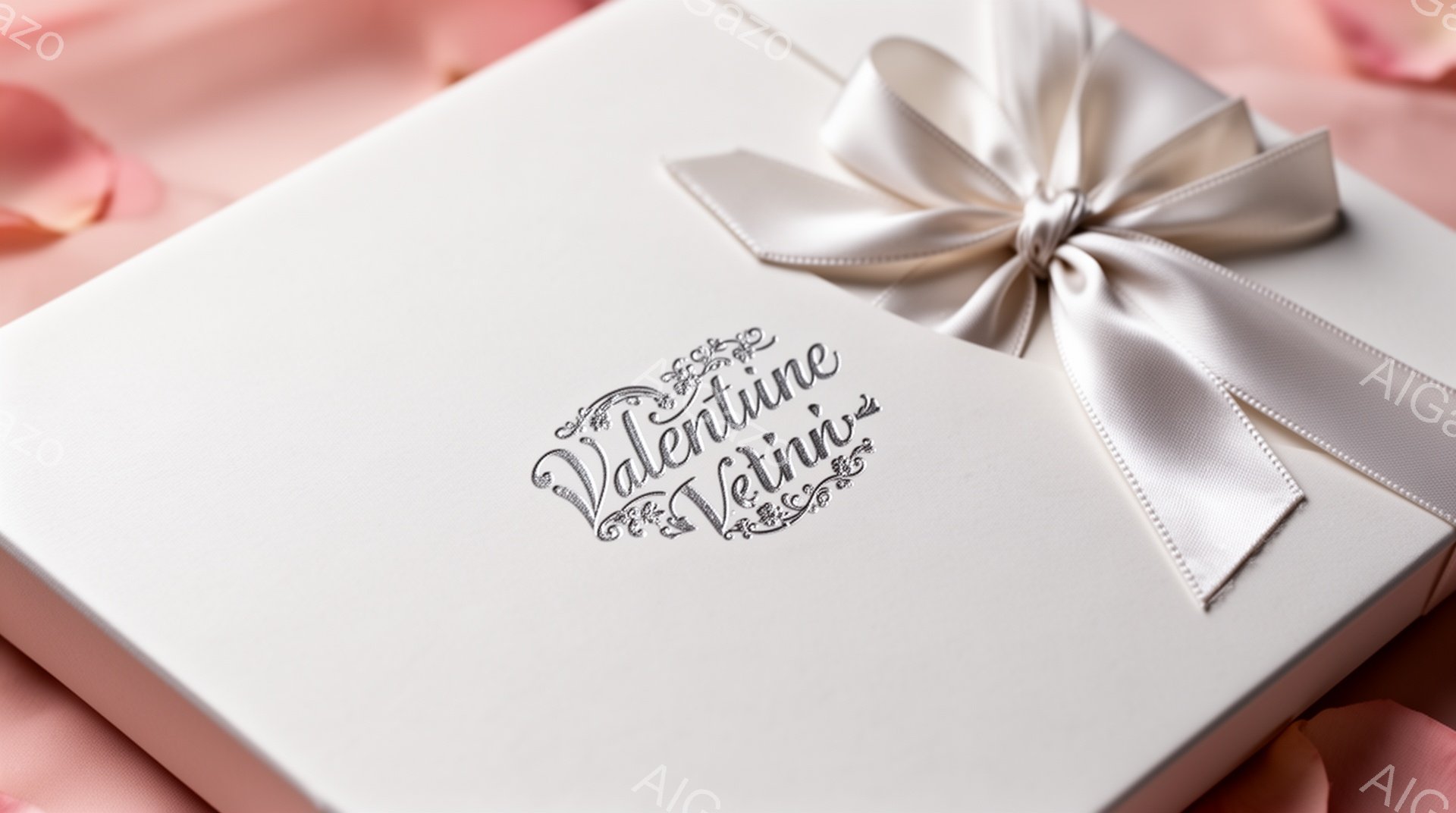 白いギフトボックスが写っており、繊細なリボンが結ばれています。背景には、ぼやけたピンク色の花びらが散りばめられており、優雅でロマンチックな雰囲気を醸し出しています。全体的に柔らかい光が当たり、上品で穏やかな印象を与えます。