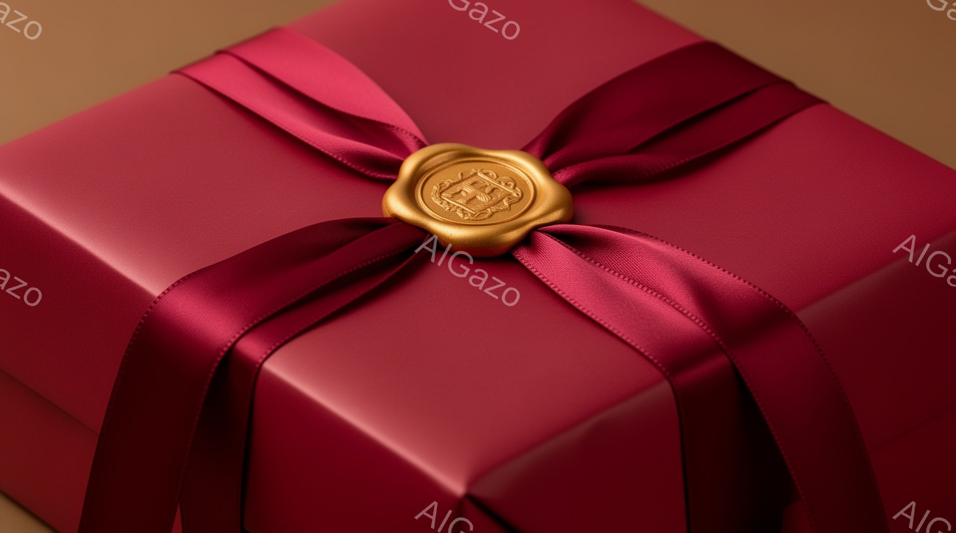 深紅色のギフトボックスが、同じ色のサテンリボンで丁寧にラッピングされています。リボンの中心には、金色の封蝋が押しされており、高級感と特別な印象を与えています。背景はぼかされており、ギフトボックスが際立っています。