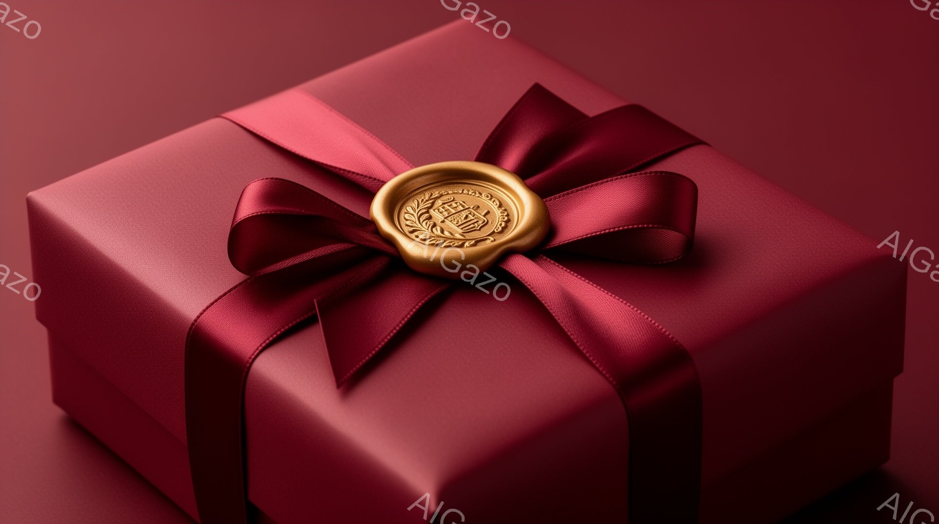 深紅色のギフトボックスが、同じ色のリボンで丁寧にラッピングされ、中心には金色の封蝋が施されている。リボンはふっくらとしたバウで結ばれており、封蝋には複雑な模様が刻印されている。背景も同じ深紅色で統一されており、高級感と神秘的な雰囲気を醸し出している。