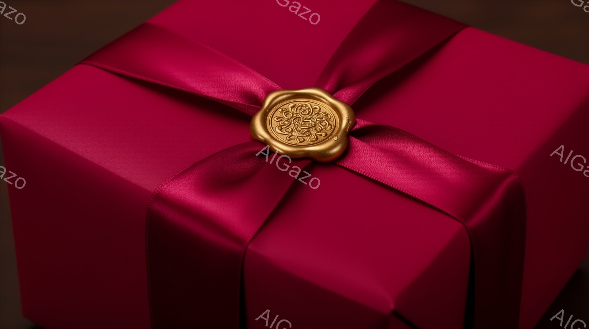 深紅色のサテン生地で丁寧に包まれたギフトボックスが写っている。リボンはきれいに結ばれ、中心には金色の封蝋が配置されている。全体的に、高級感と洗練された雰囲気が漂い、特別な贈り物やイベントを連想させる。