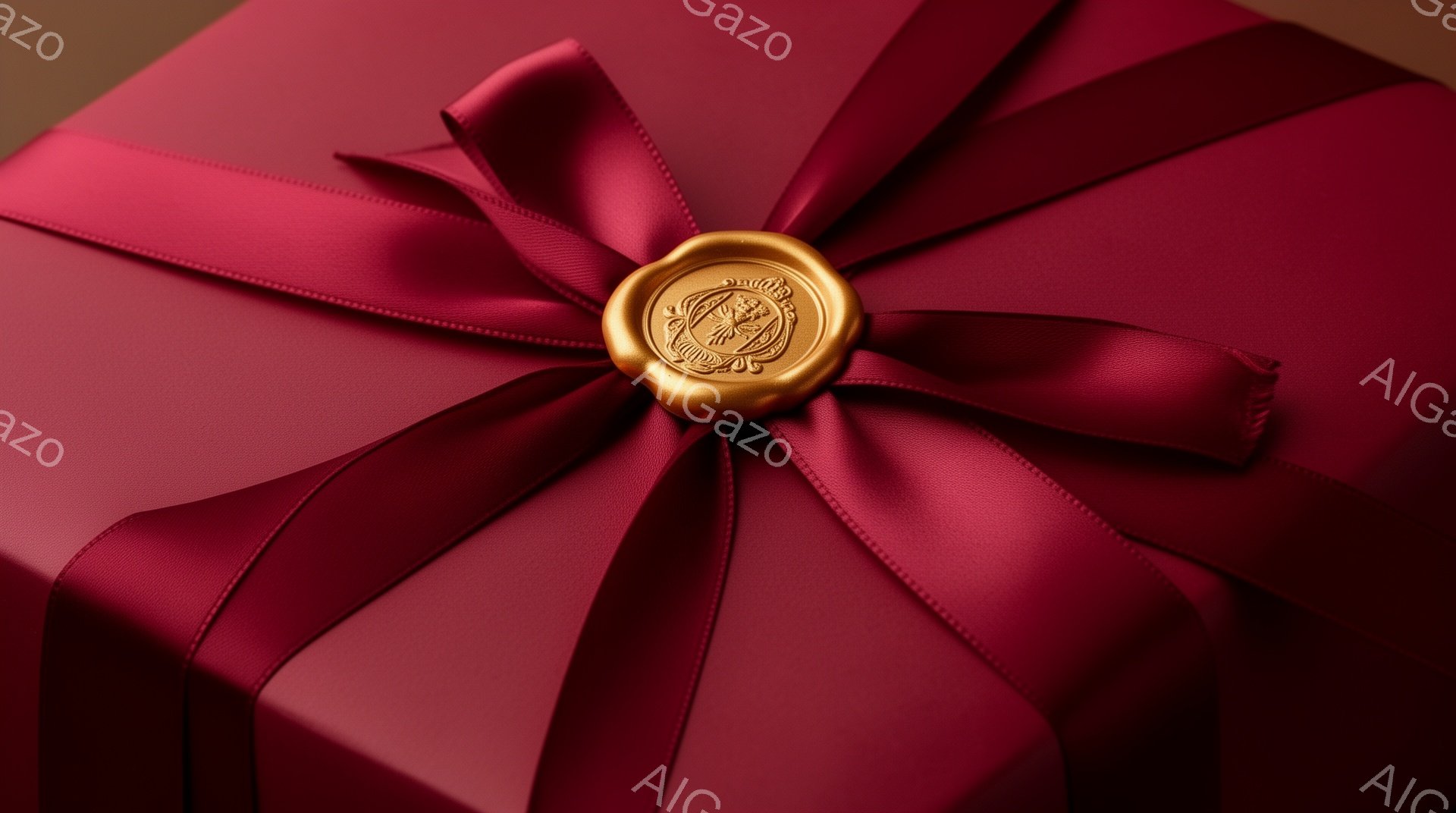 深紅色の包装紙で丁寧に包まれたギフトボックスが、画面中央に大きく配置されている。リボンは鮮やかな光沢を放ち、中心には金色のエンボス加工されたシーリングワックスが施されており、高級感と特別感を演出している。背景はぼかされており、焦点は完全にギフトボックスに当てられている。