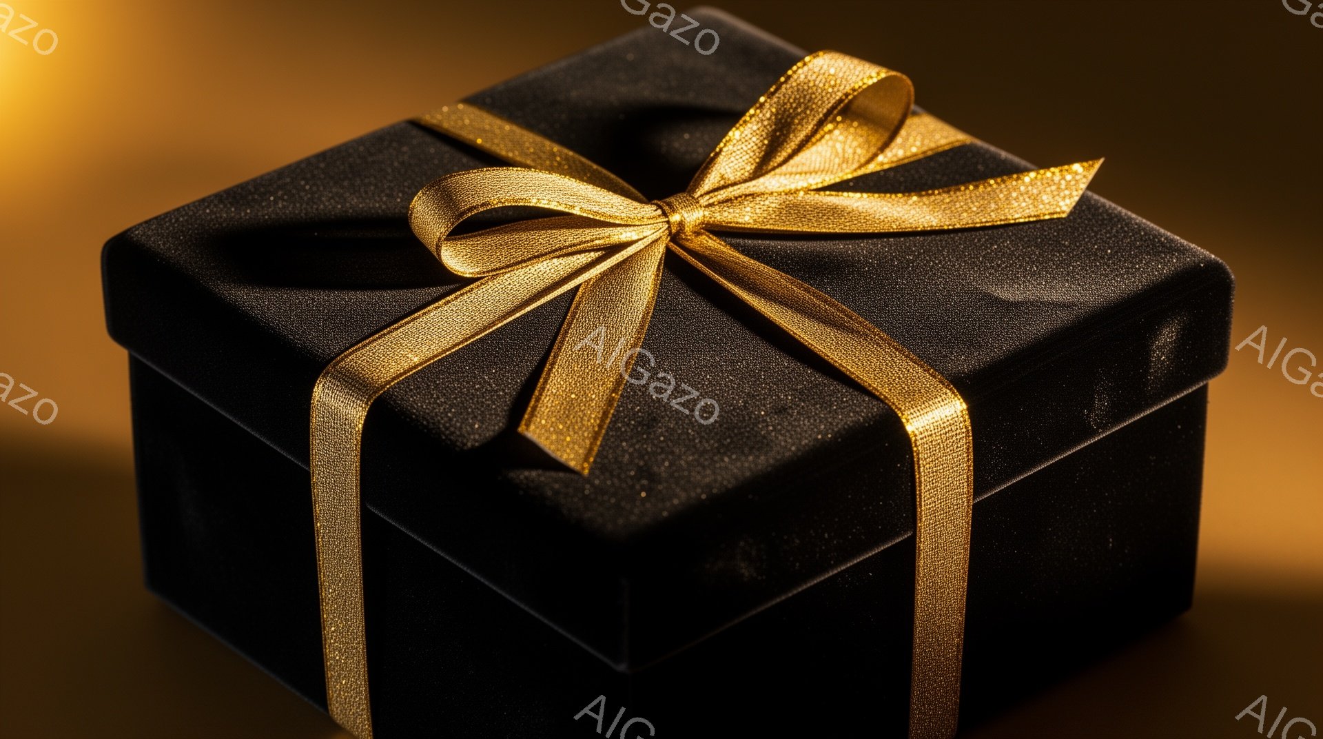 黒いギフトボックスが、きらびやかな金色のリボンで丁寧にラッピングされています。箱の表面は微かに光沢があり、上品な印象を与えます。背景はぼやけた金色のグラデーションで、ギフトボックスをより一層引き立てています。