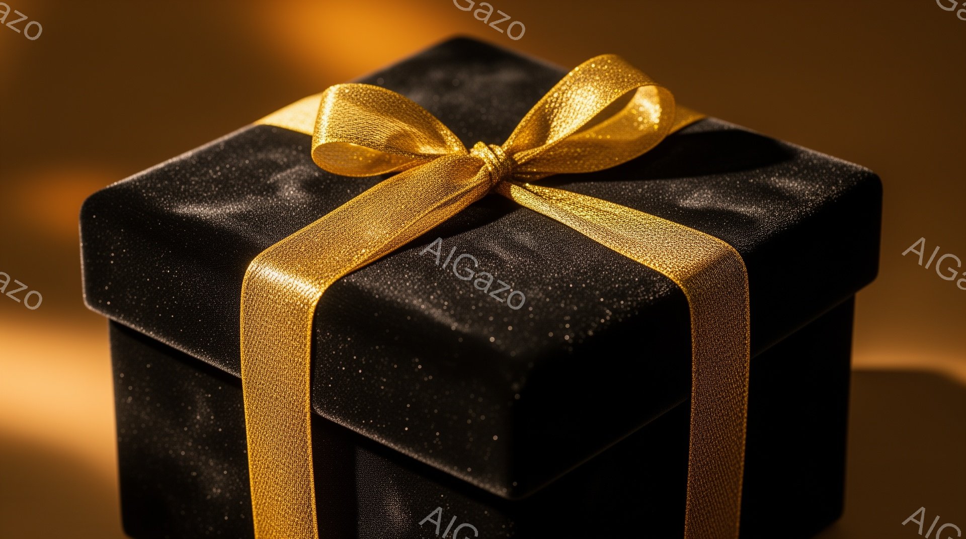 黒色のギフトボックスが、金色のリボンで上品に飾られています。背景は暖色系のゴールドで、光がボックスに当たってキラキラと輝き、高級感と特別な雰囲気を醸し出しています。全体的に落ち着いた色調で、お祝いやプレゼントにふさわしい、洗練された印象を与えます。