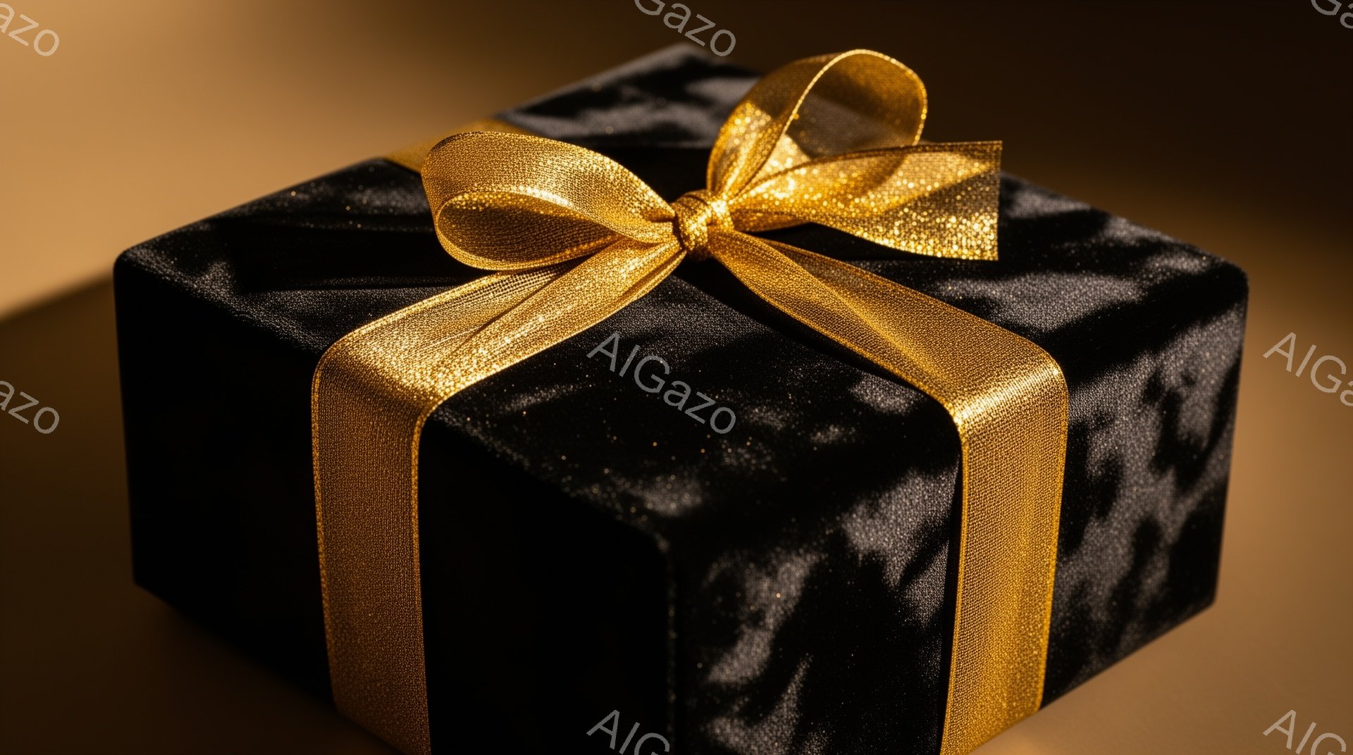 ベルベットのような黒いギフトボックスが、金色のリボンで美しく飾られています。光沢のあるリボンは丁寧に結ばれ、贈り物に高級感と華やかさを添えています。背景は暗めのゴールドで、ボックスを際立たせています。
