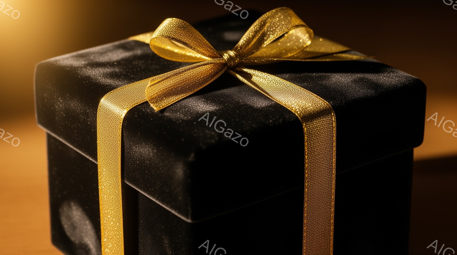 漆黒のギフトボックスが、金色のリボンで美しく飾られています。背景は暖色系の光で照らされ、上品で豪華な雰囲気を醸し出しています。光の加減により、ボックスの質感とリボンの輝きが強調されています。