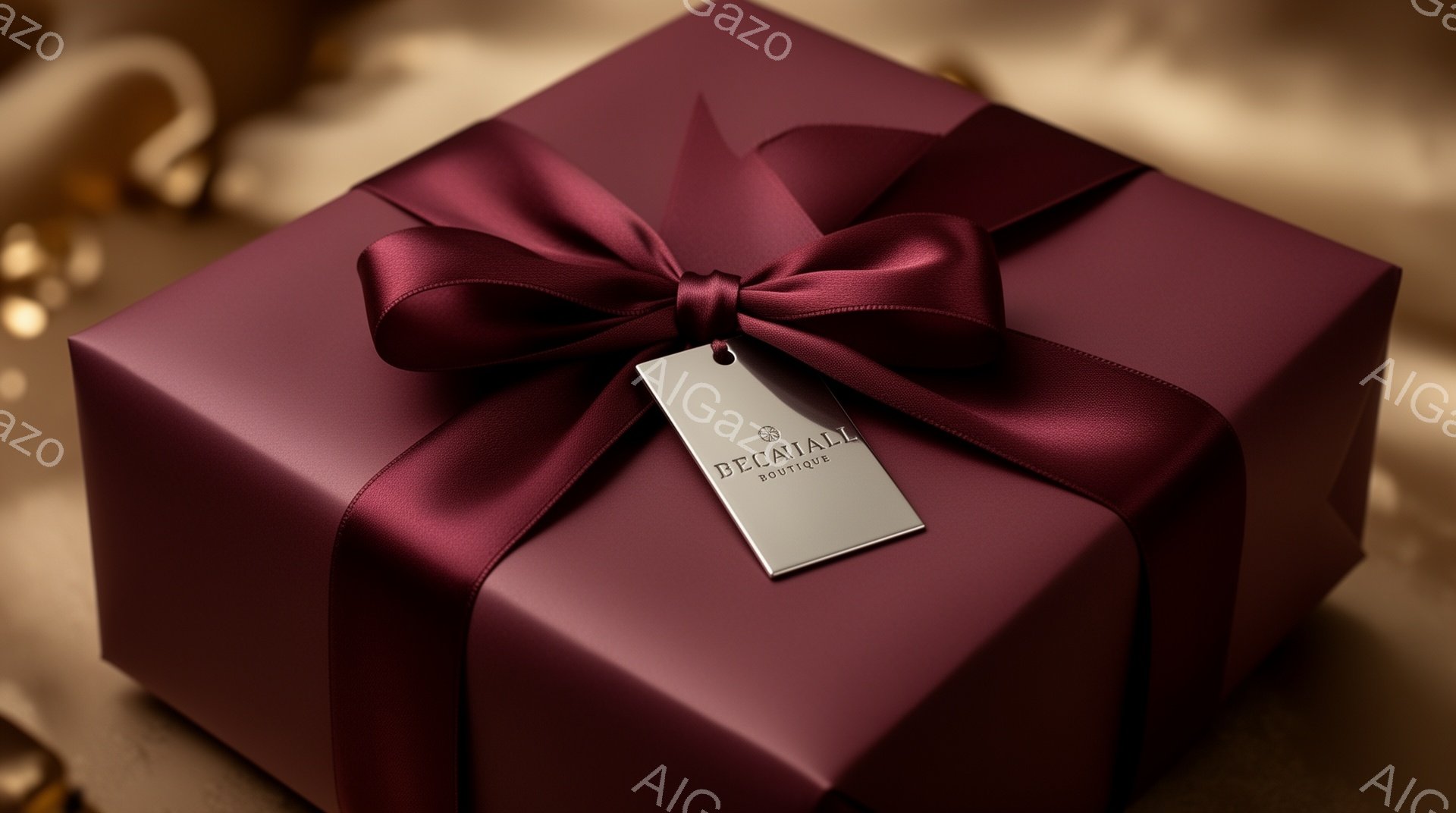深い赤色のギフトボックスが中央に配置されており、光沢のあるサテンのリボンで美しく飾られています。リボンは丁寧に結ばれ、金属製のタグが付いており、「DECAILL」と刻印された洗練された印象を与えます。 - AI生成フリー素材