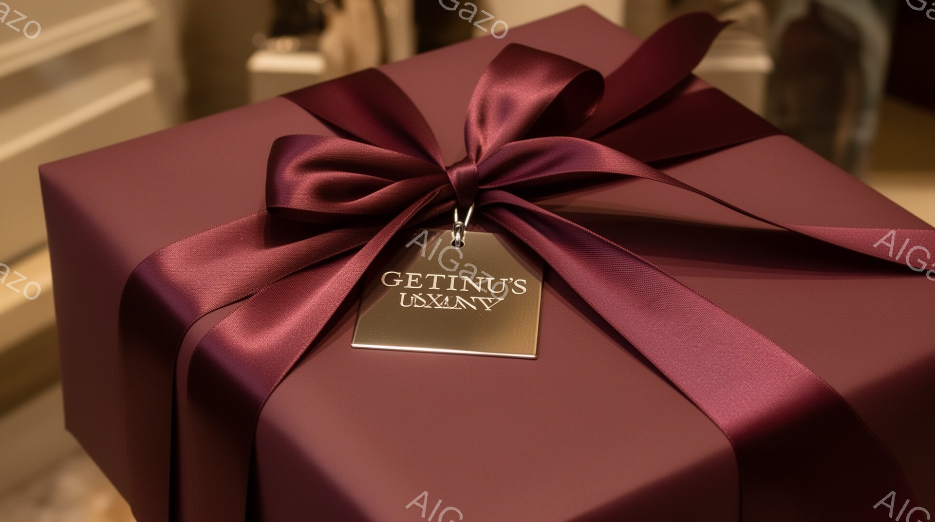 深い赤紫色のギフトボックスが、同色のリボンで美しくラッピングされています。リボンには、金色の文字で「Tiffany & Co.」と書かれたタグが付いており、高級感と洗練された雰囲気を醸し出しています。背景はぼやけていますが、上品な内装の一部が見え、特別な贈り物やイベントを示唆しています。