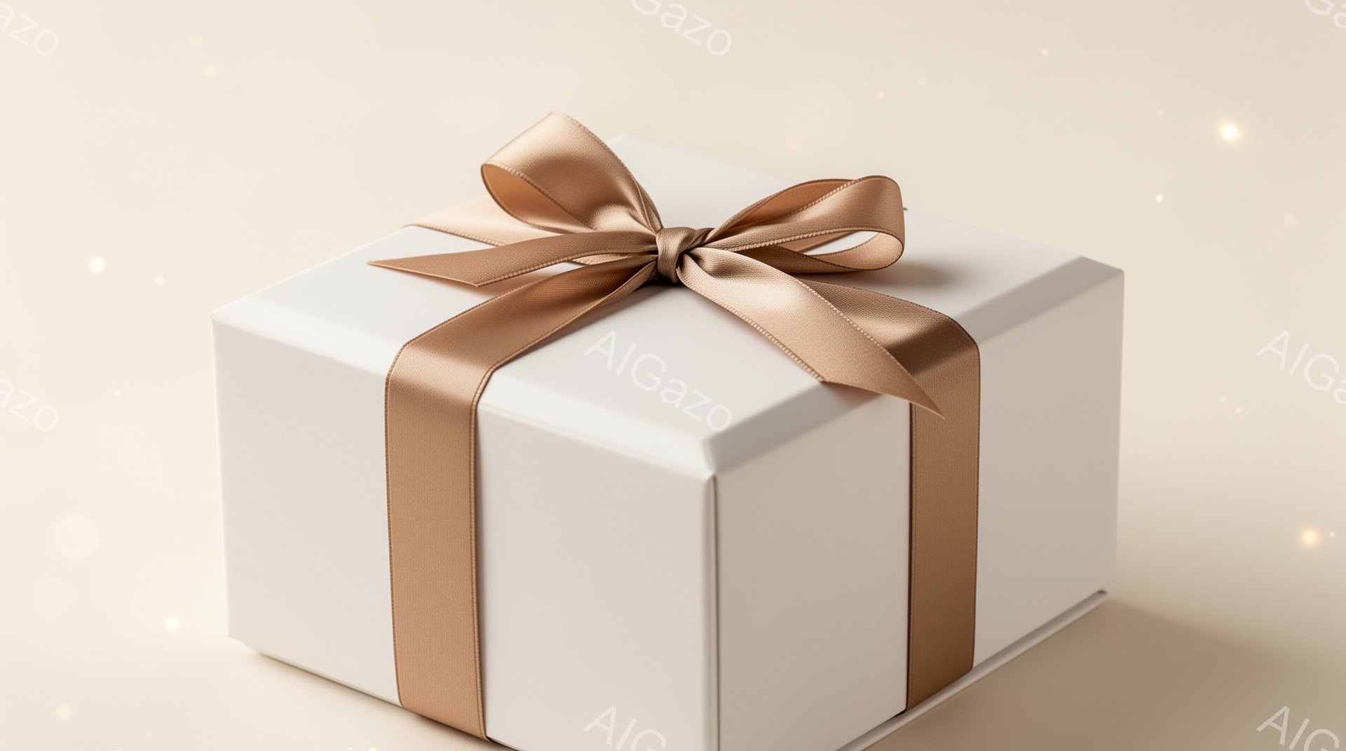 白いギフトボックスが、明るいベージュ色のリボンで丁寧にラッピングされています。ボックスは立方体で、シンプルながらも上品な印象を与えます。背景は淡いベージュ色で、わずかに光の粒子が散りばめられており、贈り物に華やかさを添えています。