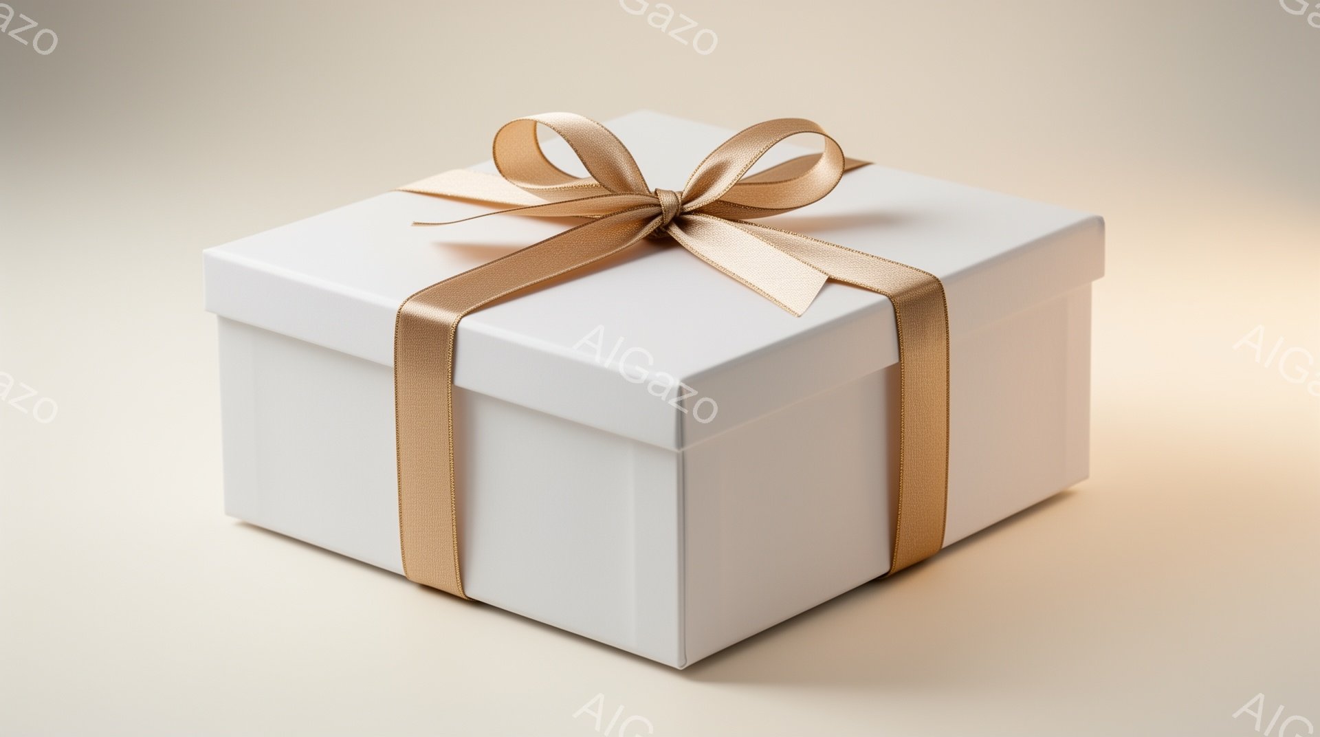白いギフトボックスが、明るいベージュ色の背景に置かれています。ボックスは正方形で、金色のリボンが上品に巻かれ、蝶結びが施されています。全体的にシンプルでありながら洗練された印象で、贈り物や特別な機会を連想させます。