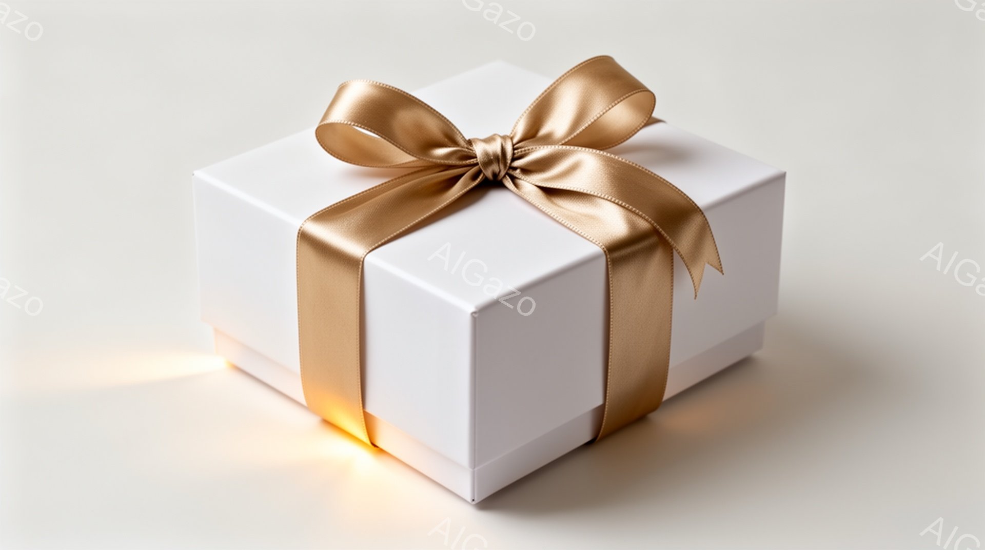 白いギフトボックスが、光沢のある金色のリボンで丁寧にラッピングされています。箱は正方形で、影が少しだけ床に落ちており、優雅で洗練された雰囲気を醸し出しています。背景は明るい色調で、箱が際立って見えます。