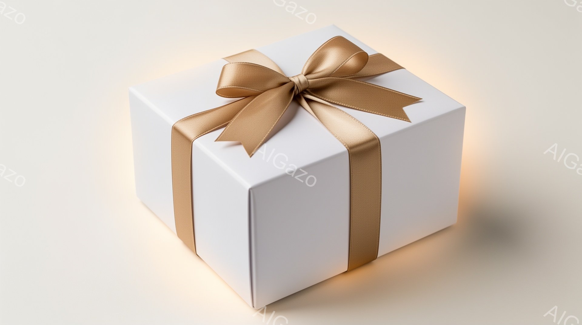 白いギフトボックスが、明るいベージュ色の背景に置かれています。ギフトボックスはリボンで丁寧にラッピングされており、上品で優雅な雰囲気を醸し出しています。光が柔らかく当たっており、温かみのある印象を与え - AI生成フリー素材