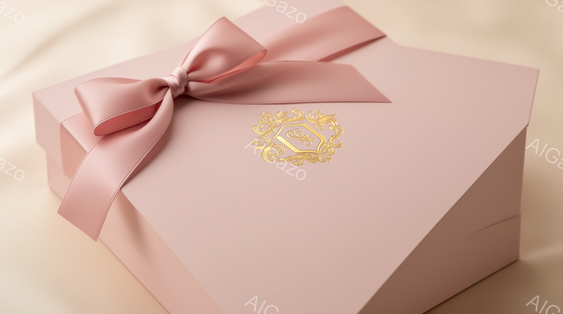 淡いピンク色のギフトボックスが中央に配置され、金色の装飾的な紋章が前面にプリントされています。ボックスは美しいリボンで飾られており、全体的に上品で洗練された雰囲気を醸し出しています。背景はぼやけたピンク色で、ギフトボックスが際立つように設計されています。