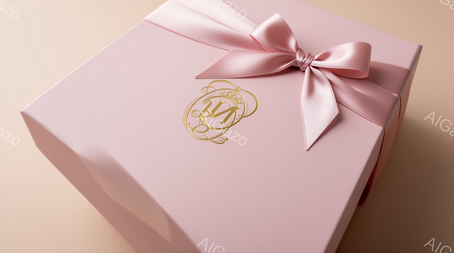 淡いピンク色のギフトボックスが、明るい背景の上に配置されています。ボックスは正方形で、上品なリボンが結ばれており、金色の紋章のようなデザインが中央に配置されています。全体的に柔らかく、洗練された印象を与える画像です。