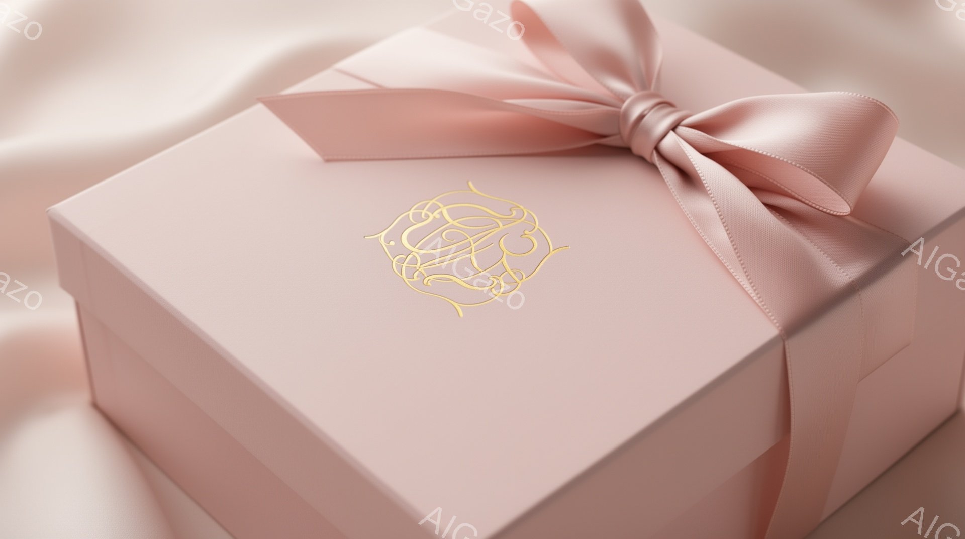 淡いピンク色のギフトボックスが写っており、金色の繊細な模様が中央に施されています。ボックスはリボンで丁寧に結ばれており、上品で優雅な雰囲気を醸し出しています。背景も淡いピンク色で統一されており、全体的に柔らかく、ロマンチックな印象を与えます。