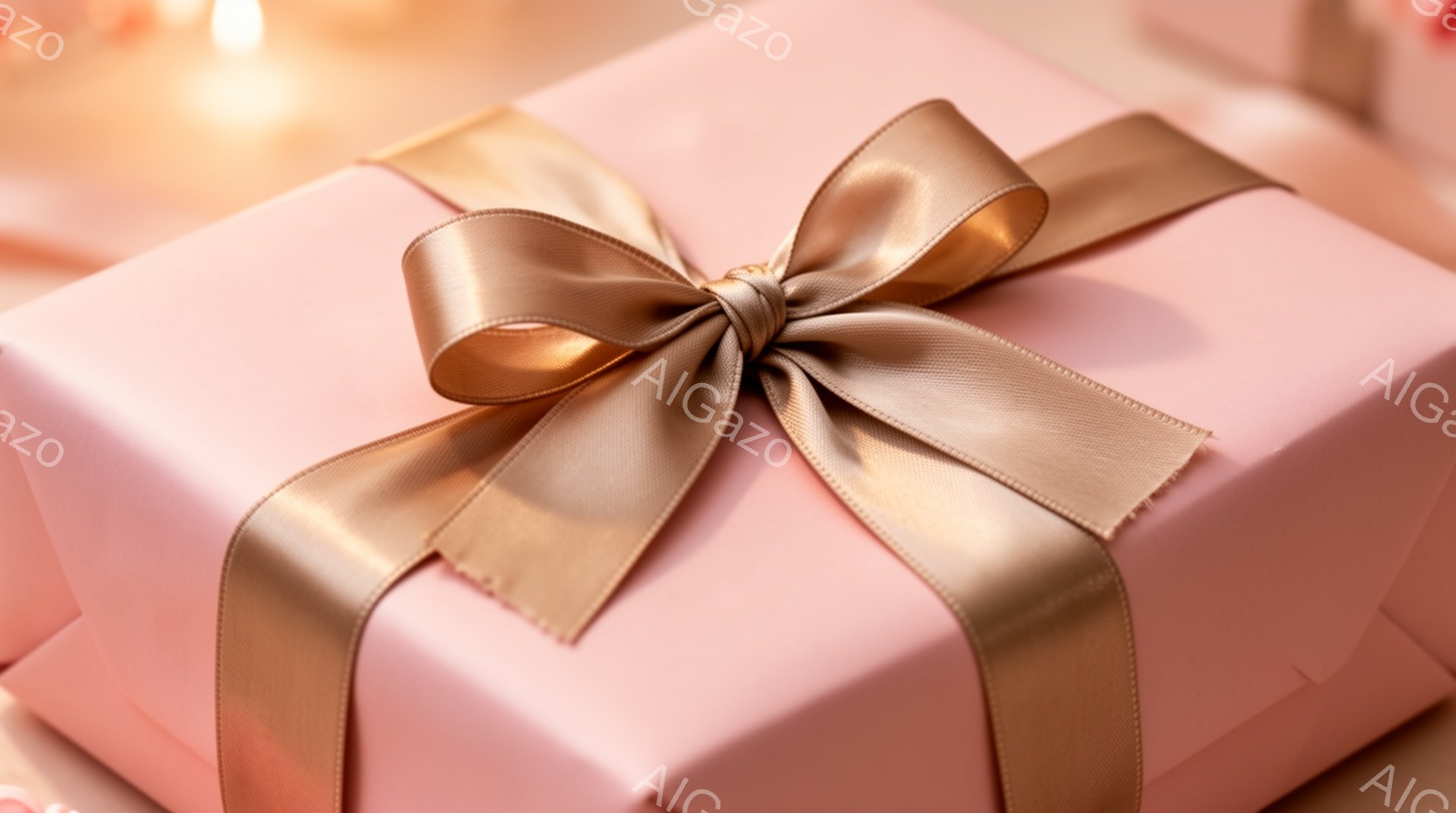 薄いピンク色のギフトボックスが、金色のリボンで美しくラッピングされています。リボンは丁寧に結ばれた大きなリボン結びで、ギフトボックスの中心に配置されています。背景はぼやけており、何かのイベントや贈り物をするための特別な雰囲気が漂っています。