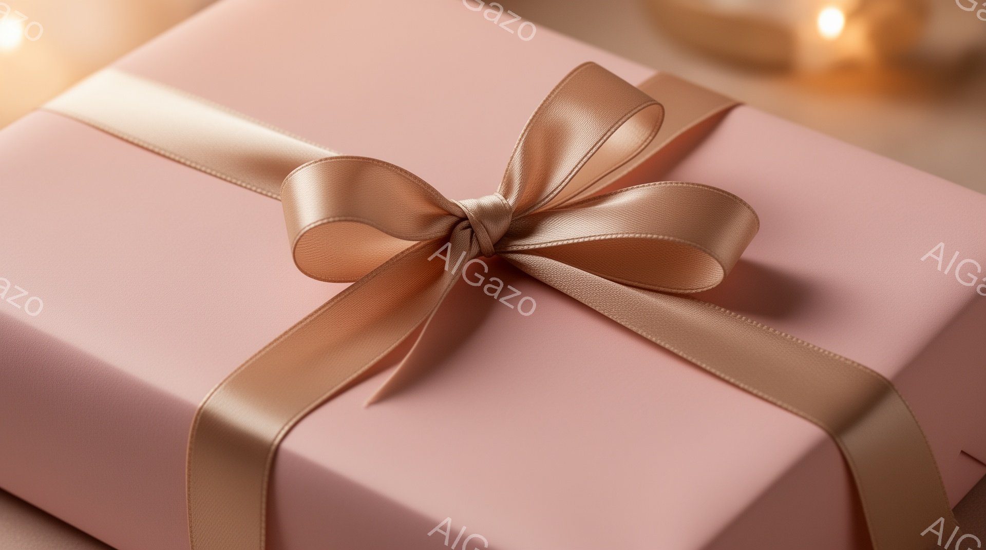 柔らかいピンク色のギフトボックスが、金色のリボンで美しくラッピングされています。リボンは丁寧に結ばれ、ボックスの中央に華やかな装飾を添えています。背景はぼやけており、暖かく優しい雰囲気を醸し出しています。