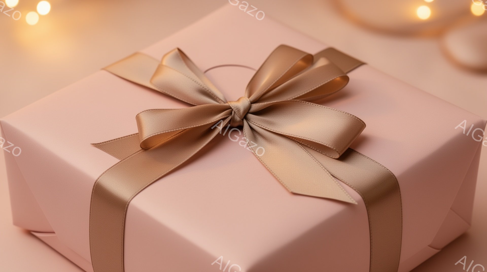 淡いピンク色のギフトボックスが、明るいベージュ色のリボンで丁寧にラッピングされています。背景はぼかしたピンク色で、右上に光る小さな電球がいくつか散りばめられています。全体的に、温かく優しい雰囲気を醸し - AI生成フリー素材