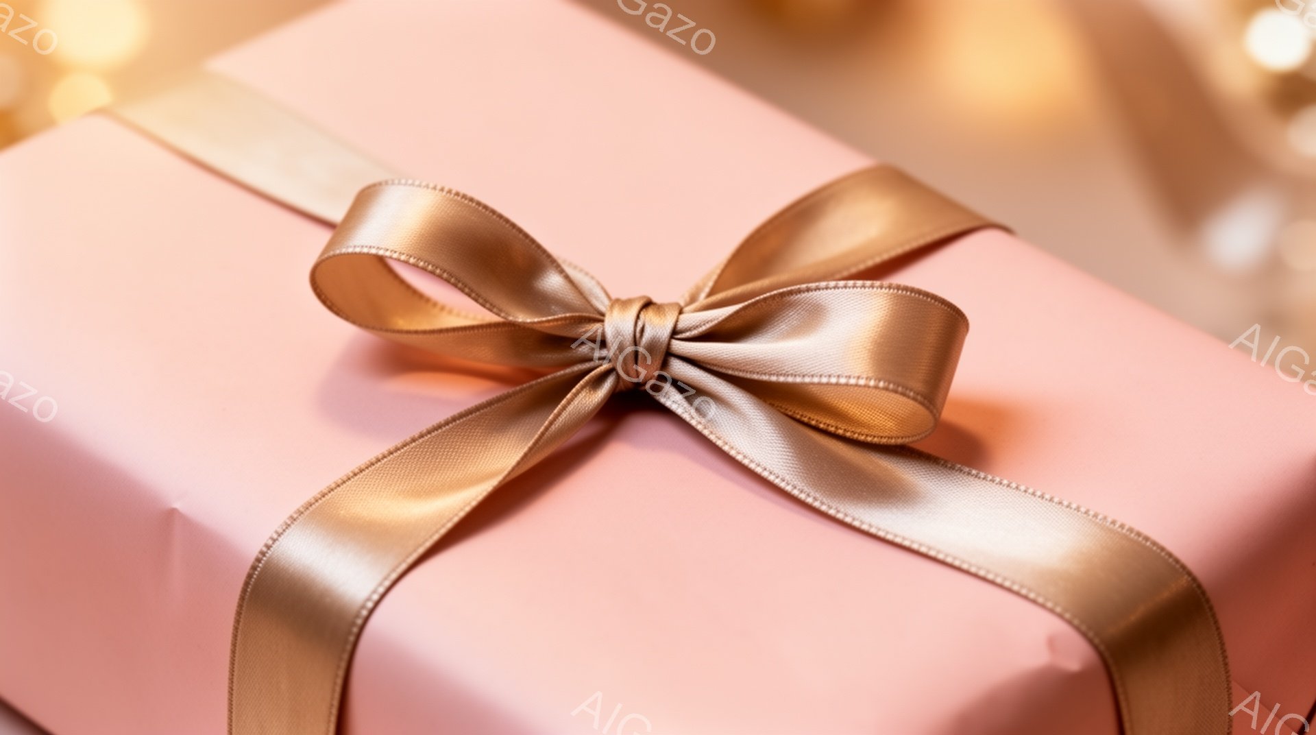 薄いピンク色のギフトボックスが写っており、光沢のある金色のリボンで丁寧に飾られています。背景はぼやけており、暖色系の光が点在し、お祝いや特別な日の雰囲気を醸し出しています。全体的に柔らかく、上品な印象を与える写真です。