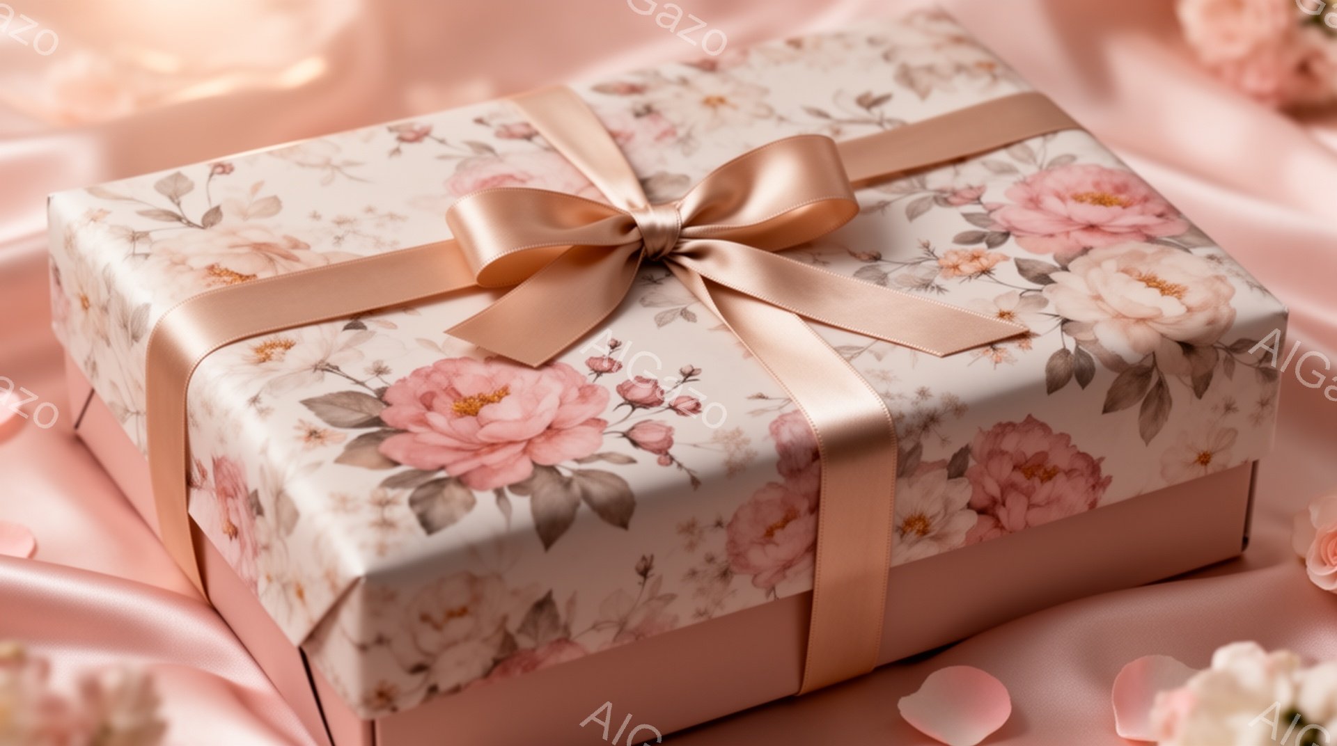 花柄の包装紙で丁寧にラッピングされたギフトボックスが、ピンク色のサテン生地の上に置かれています。ギフトボックスには、ピンクと白のバラの花が描かれており、リボンも同じ色合いで上品な印象です。背景にはぼんやりと花びらが散らばっており、ロマンチックで優しい雰囲気を醸し出しています。