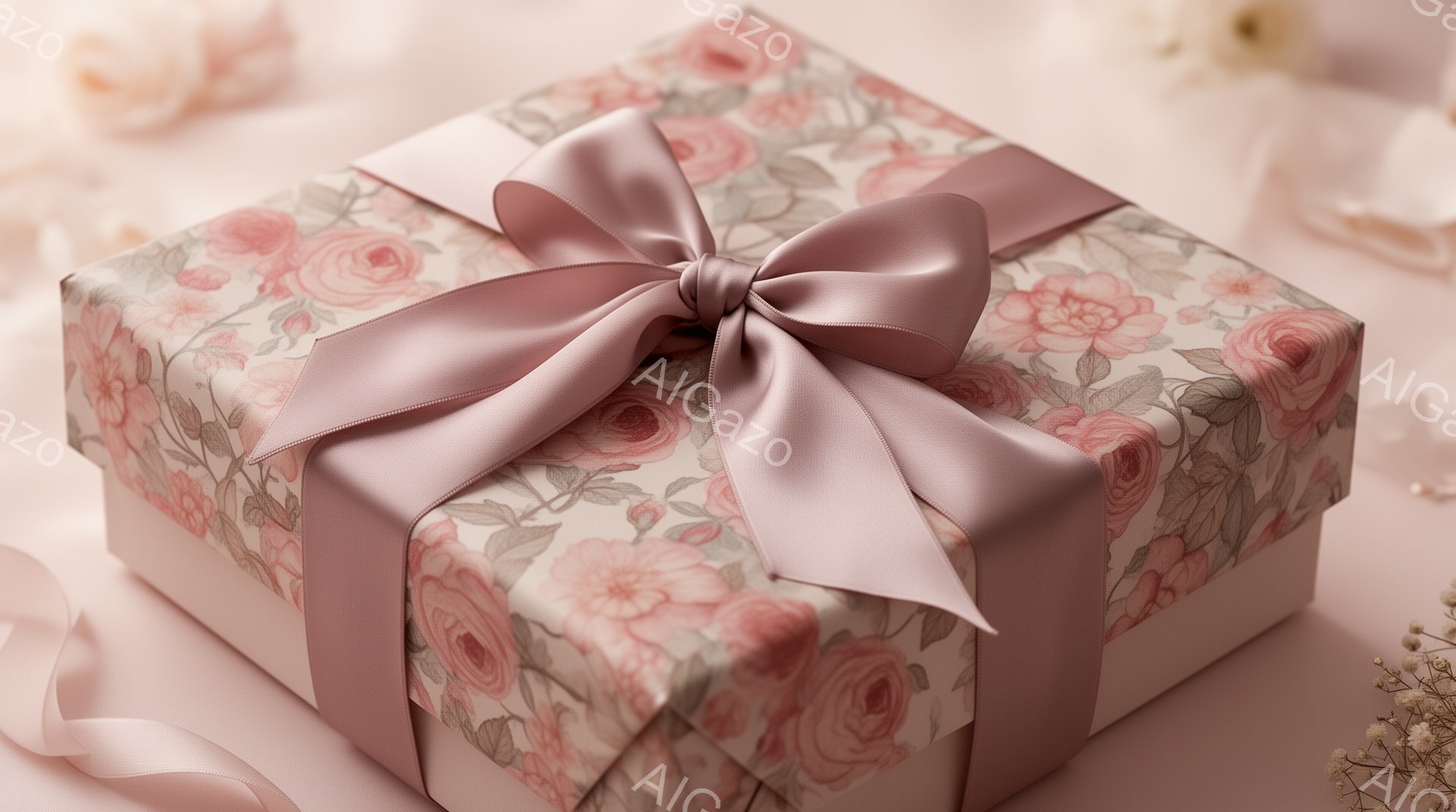 薄いピンク色の背景に、バラ柄のラッピングペーパーで丁寧に包まれたギフトボックスが置かれています。リボンは同じピンク色で、きれいに結ばれており、ギフトボックス全体に優雅さと繊細さが漂います。箱の周りには、小さなドライフラワーが散りばめられ、ロマンチックで温かい雰囲気を醸し出しています。