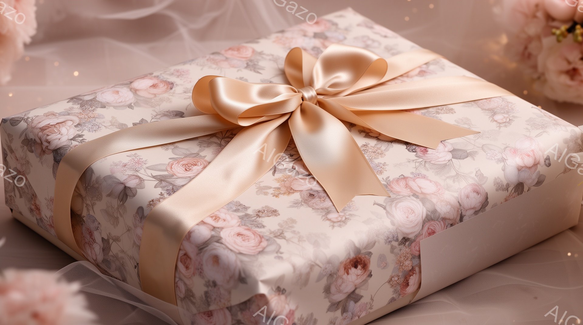 象牙色の背景に、淡いピンクとベージュの花柄のギフトボックスが置かれています。リボンは同じベージュの色合いで、丁寧に結ばれており、ギフトボックス全体に優雅さと繊細さを添えています。全体的に、柔らかくロマンチックな雰囲気が漂い、特別な日の贈り物としてふさわしい印象を与えます。