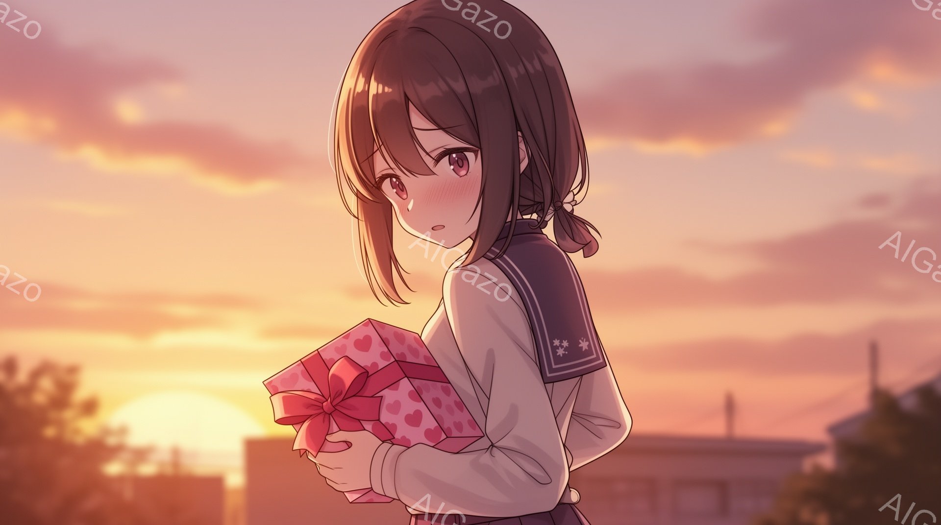 長い茶色の髪を後ろで一つに結んだ少女が、ピンク色のハート柄のリボンで飾られたプレゼントを抱えています。彼女は紺色のセーラー服を着ており、少し照れたような表情をしています。背景には夕焼け空と、住宅街の建 - AI生成フリー素材