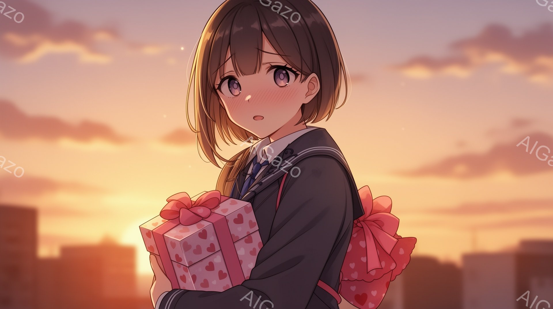 茶髪の少女が、ピンク色のリボンとハート柄が施されたプレゼントの箱を抱えています。彼女は制服姿で、少し頬を赤らめ、どこか照れたような表情をしています。背景には夕焼け空と、ぼんやりとした都市のシルエットが - AI生成フリー素材