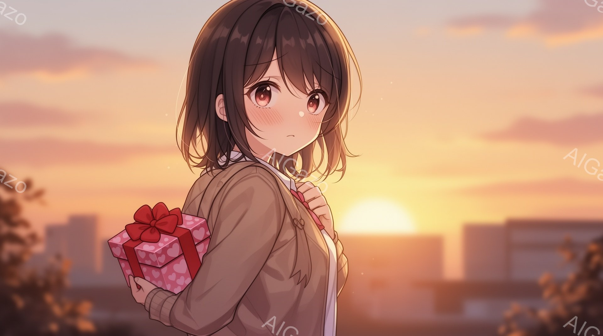 短い茶色の髪の少女が、赤いリボンで飾られたハート柄のプレゼントボックスを両手で抱えています。彼女はベージュ色のカーディガンと白いシャツを着ており、夕焼けを背景に少し照れくさそうな表情をしています。背景 - AI生成フリー素材