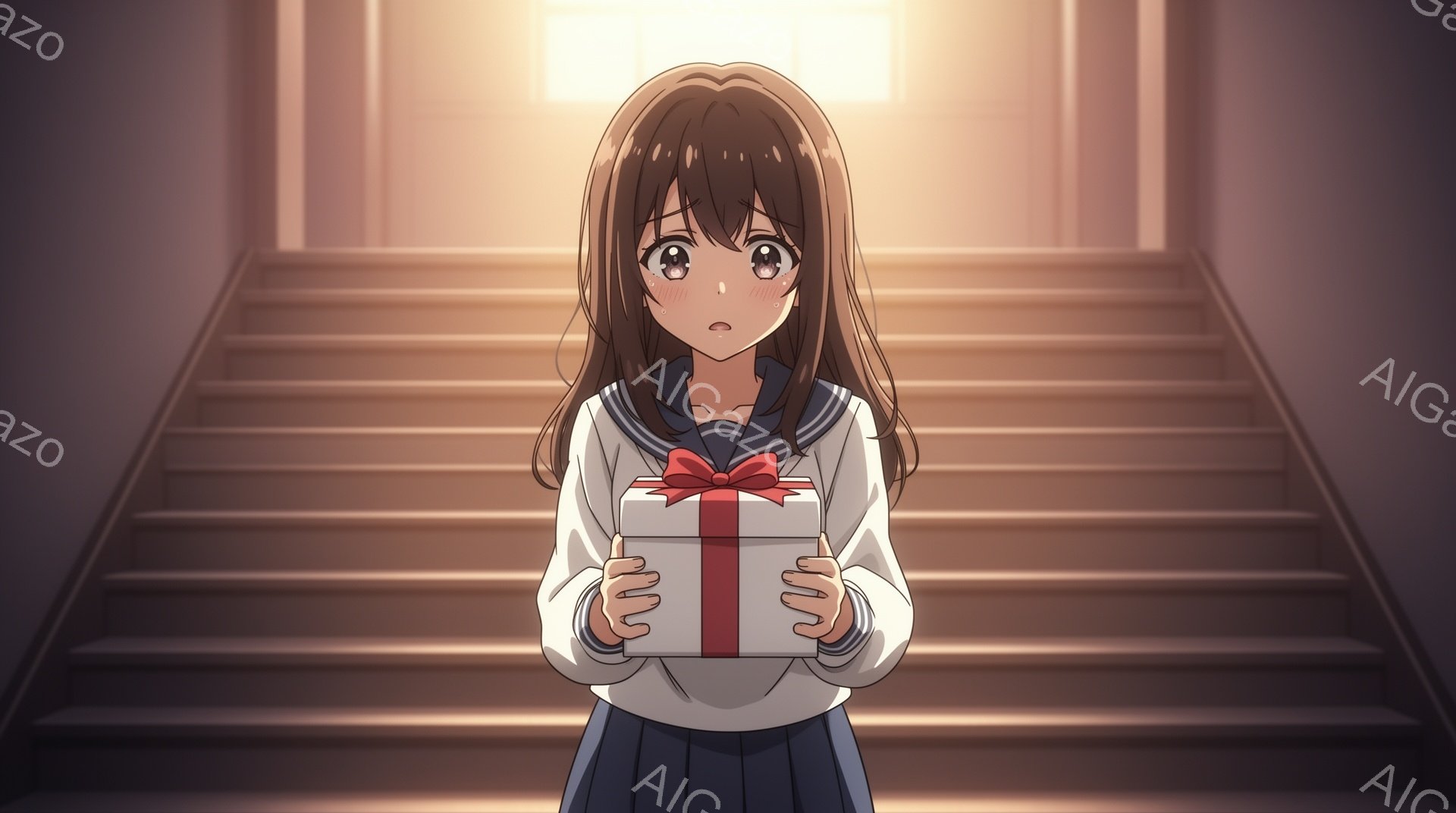茶髪の少女が学校の階段に立っており、白いセーラー服と紺色のスカートを着用しています。彼女は両手でリボンのかかった白いプレゼントの箱を持っており、少し驚いたような、あるいは照れたような表情をしています。背景は明るい光が差し込む学校の階段で、全体的に温かく、少し甘い雰囲気です。