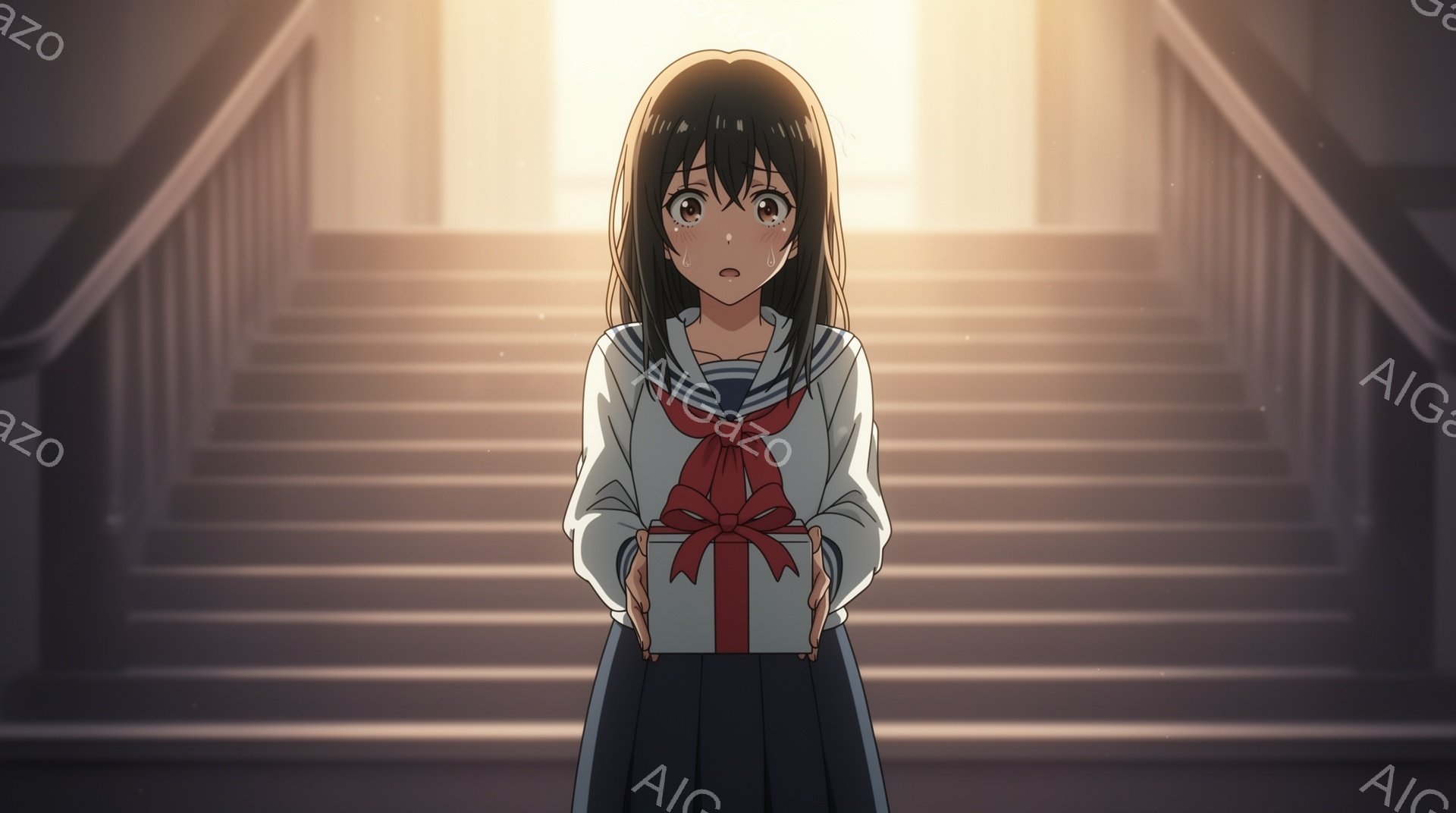 長い黒髪で、前髪は目にかかるように切り揃えられた少女が描かれています。彼女は白いブラウスと赤いリボン、そしてプリーツスカートの制服を着ており、両手で赤いリボンで結ばれた小さな箱を持っています。背景には階段が伸びており、光が差し込んでいることから、学校や公共施設の内部であることが伺えます。