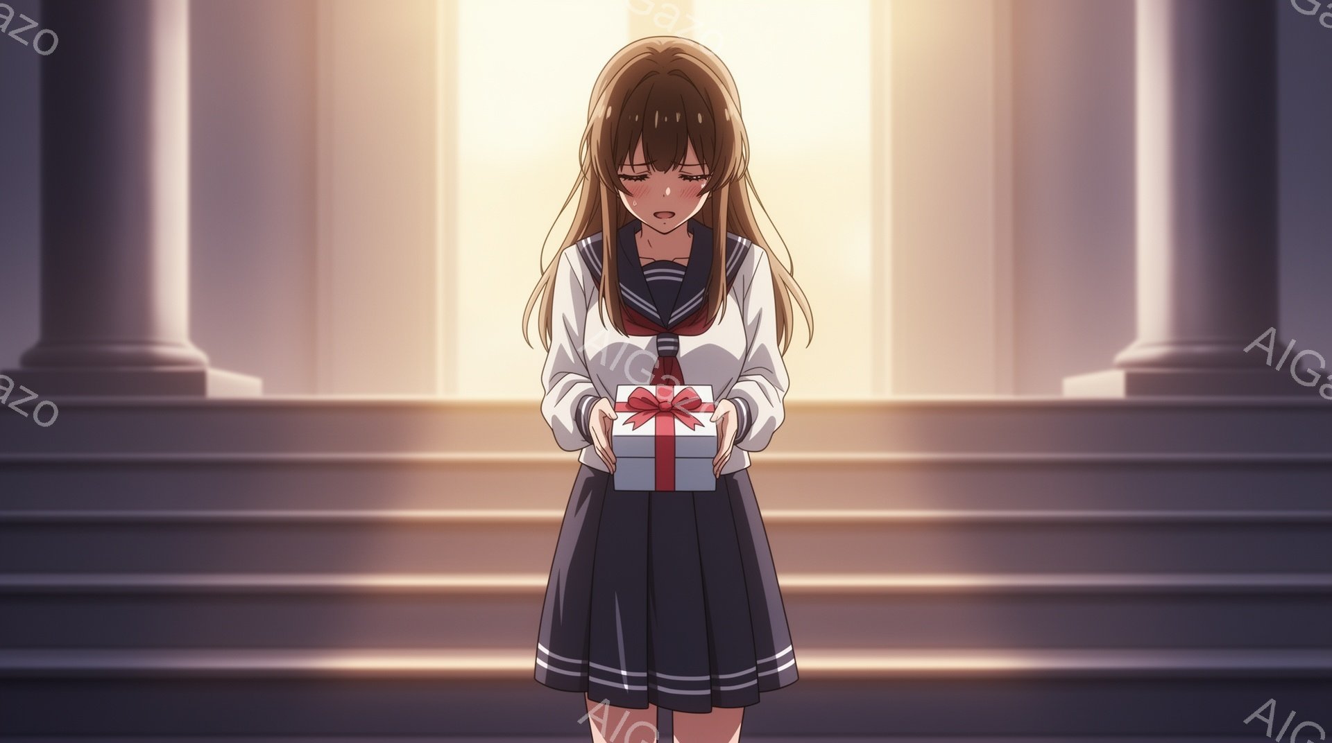 長い茶色の髪を持つ少女が、白い包装紙でリボンが結ばれた贈り物を持って立っています。彼女は制服姿で、紺色のプリーツスカートと白いブラウスを着ています。背景には石段と柱があり、明るい光が差し込んで、少し寂しげで感動的な雰囲気を醸し出しています。