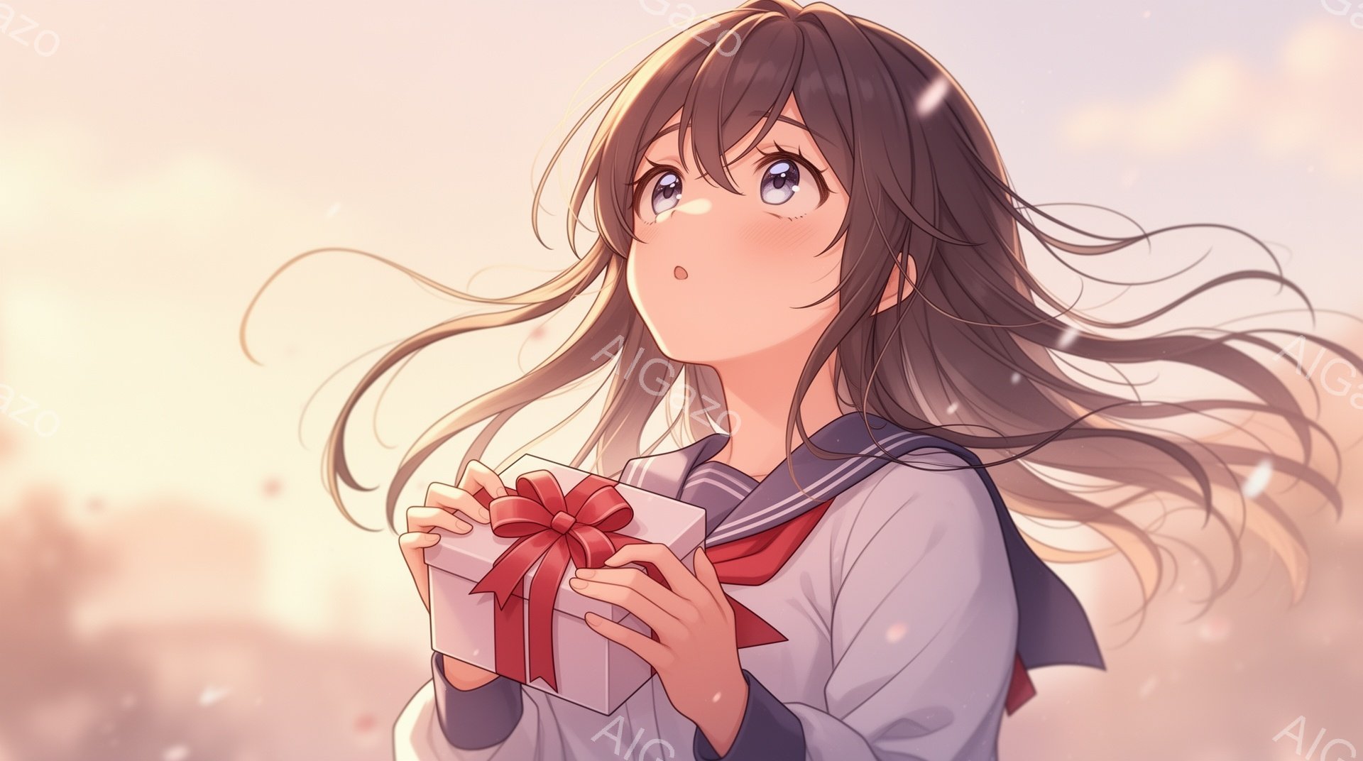 長い茶色の髪を風になびかせ、笑顔を浮かべた少女が描かれています。彼女は白い制服に赤いリボンをつけ、両手で赤いリボンのかかった白いギフトボックスを抱えています。背景は暖色系の柔らかい光に包まれ、春の訪れ - AI生成フリー素材