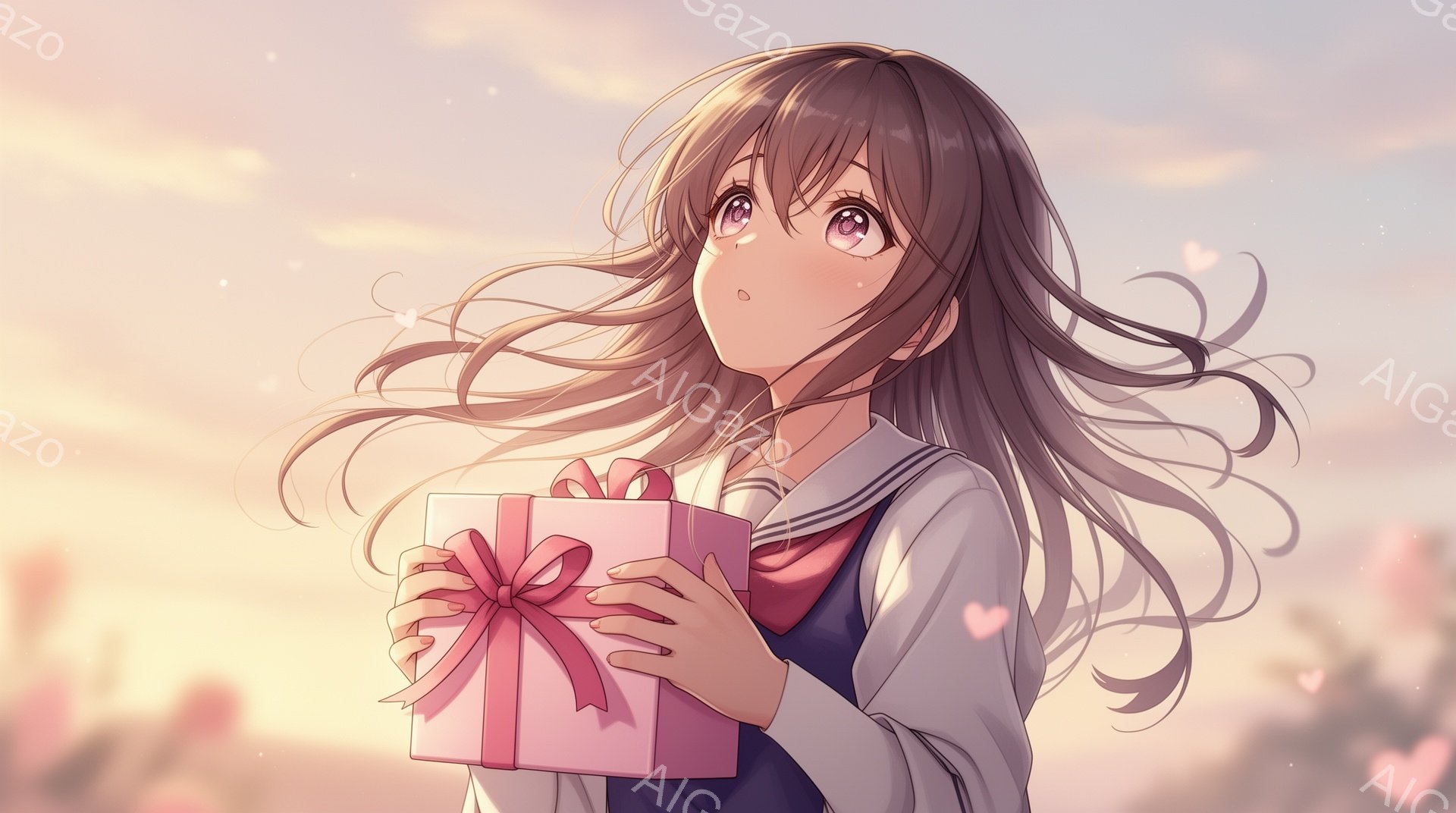 長い茶色の髪と優しい表情の少女が、ピンク色のリボンで飾られた贈り物を持っています。彼女は紺色のブレザーに白いシャツを着ており、風になびく髪が印象的です。背景はぼやけた桜の花と柔らかな光で満たされ、温かくロマンチックな雰囲気を醸し出しています。