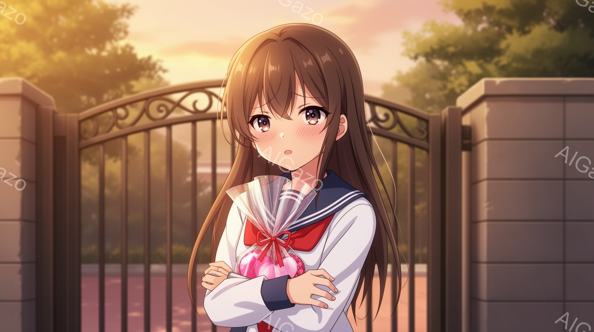 長い茶色の髪を持つ少女が描かれており、制服を着て腕を組んでいます。彼女は少し悲しそうな表情をしており、背景には鉄製の門と緑豊かな木々が見えます。空は夕焼けでオレンジ色に染まっており、全体的に物憂げで優しい雰囲気を醸し出しています。