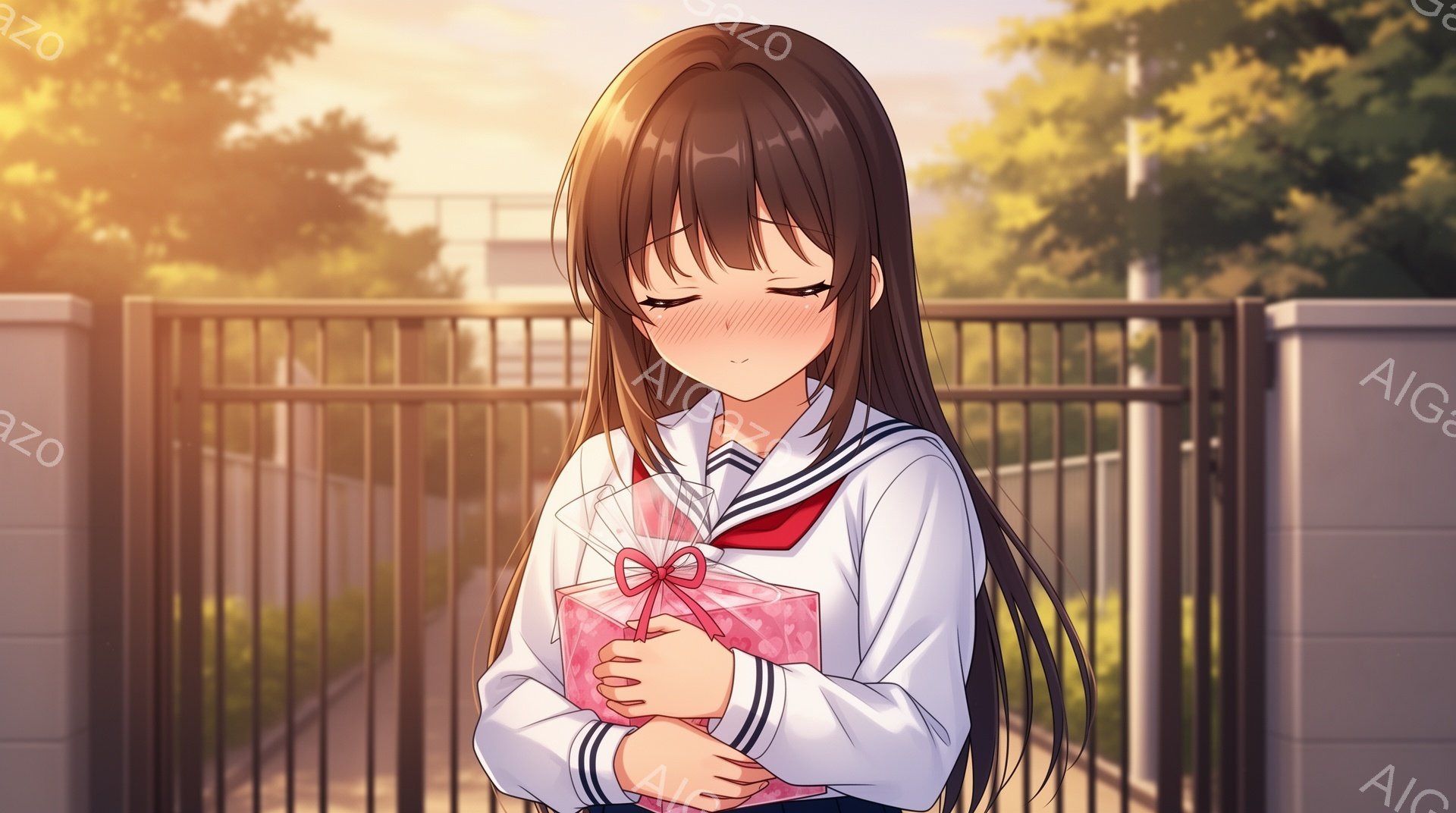 長い黒髪をなびかせ、セーラー服を着た少女が描かれています。彼女は胸の前でピンク色のハート型のギフトボックスを抱きしめ、少し照れたような表情をしています。背景には金属製の柵と緑豊かな木々が見え、柔らかな夕日の光が差し込み、温かくロマンチックな雰囲気を醸し出しています。