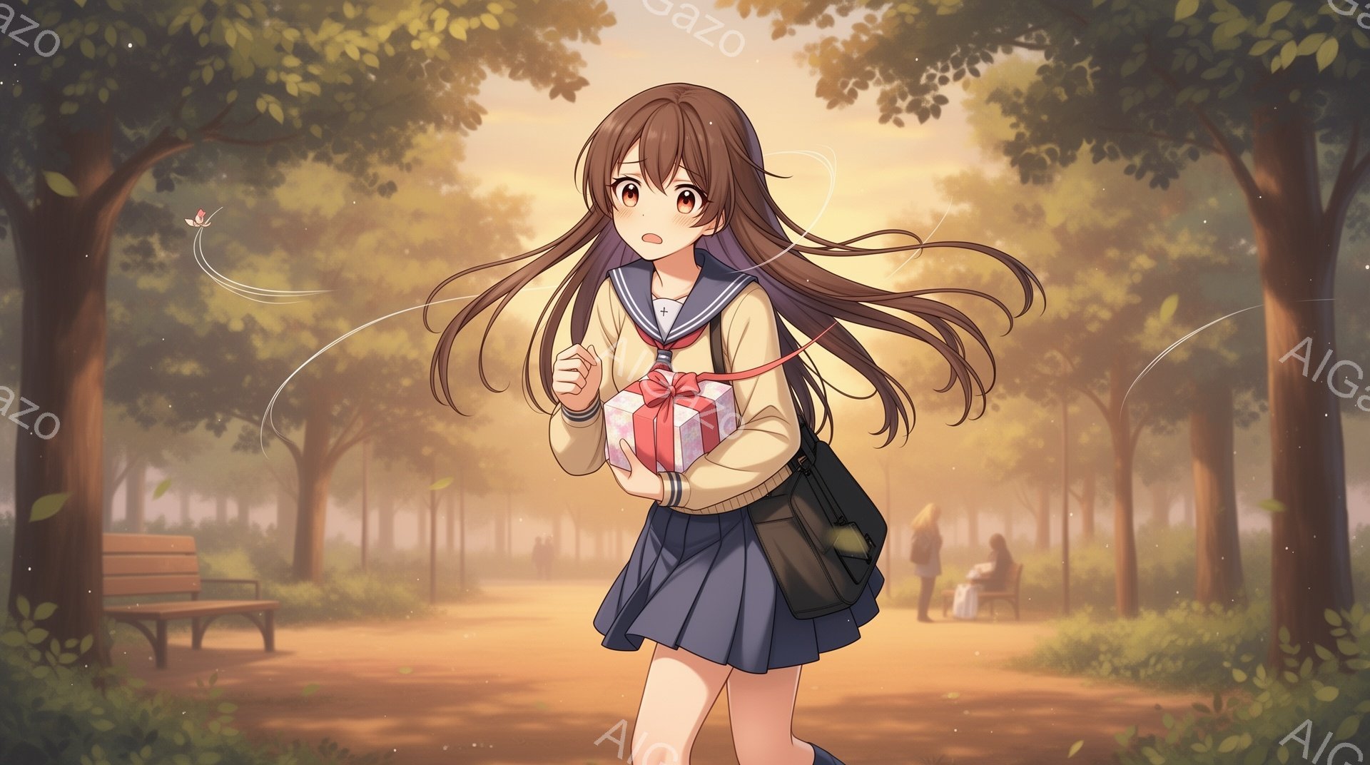 長い茶色の髪を靡かせ、制服を着た少女がプレゼントを抱えて走っている。背景は木々が生い茂る公園で、ベンチと遠くに見える人物がぼんやりと見える暖かい秋の日の風景だ。少女の表情は少し驚いたようであり、全体的に優しい光と色彩が、穏やかで少し物憂げな雰囲気を醸し出している。